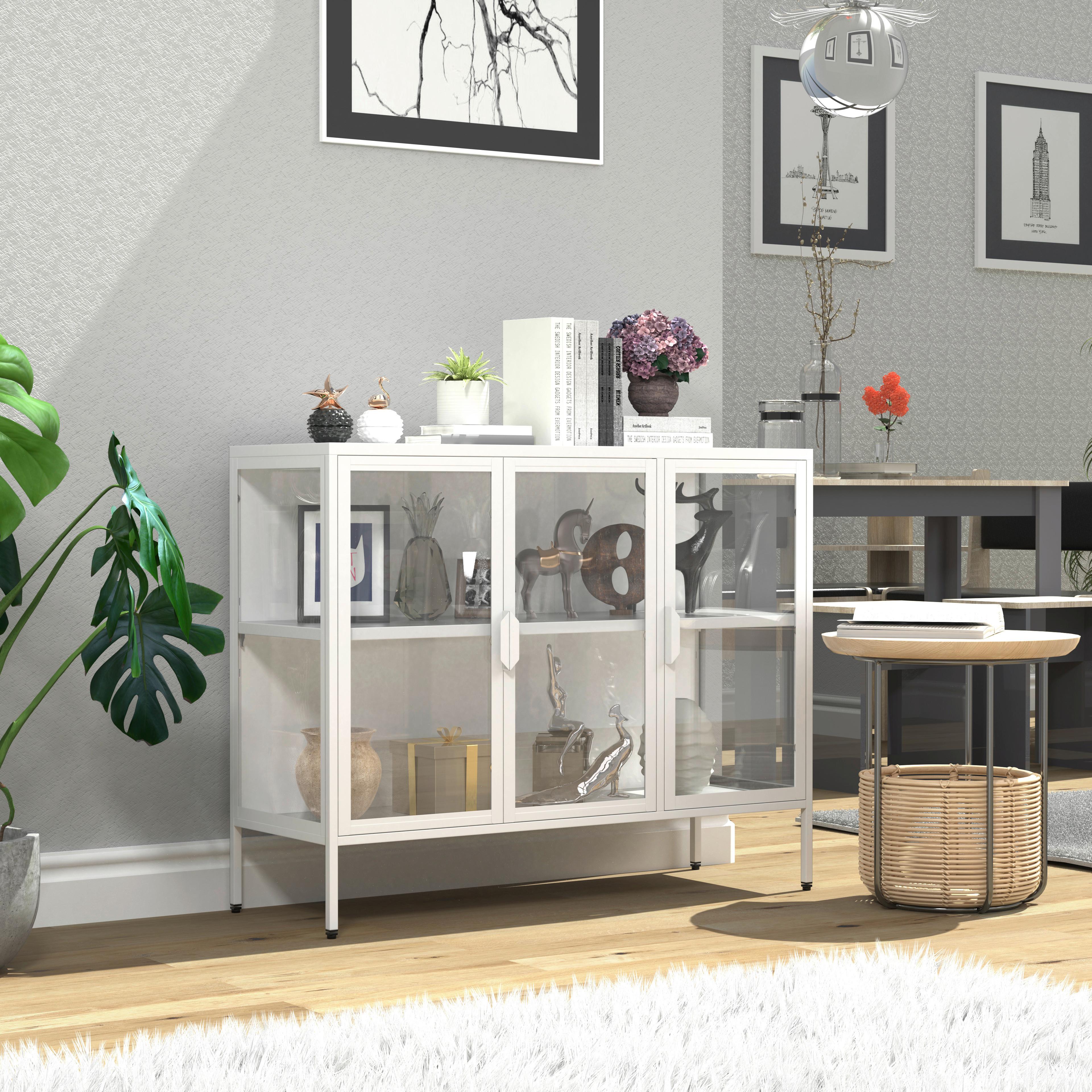 Vitrine Floka Weiß B: 110 cm - Transparent/Weiß, Design, Glas/Metall (110/80/35cm) - MID.YOU