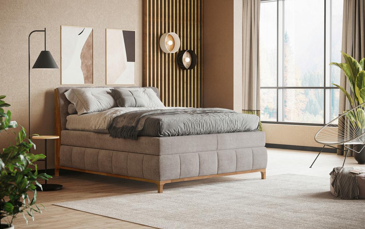 Boxspringbett Moon mit Topper 160x200 cm - Sandfarben/Eichefarben, MODERN, Holz/Holzwerkstoff (160/200cm) - MID.YOU