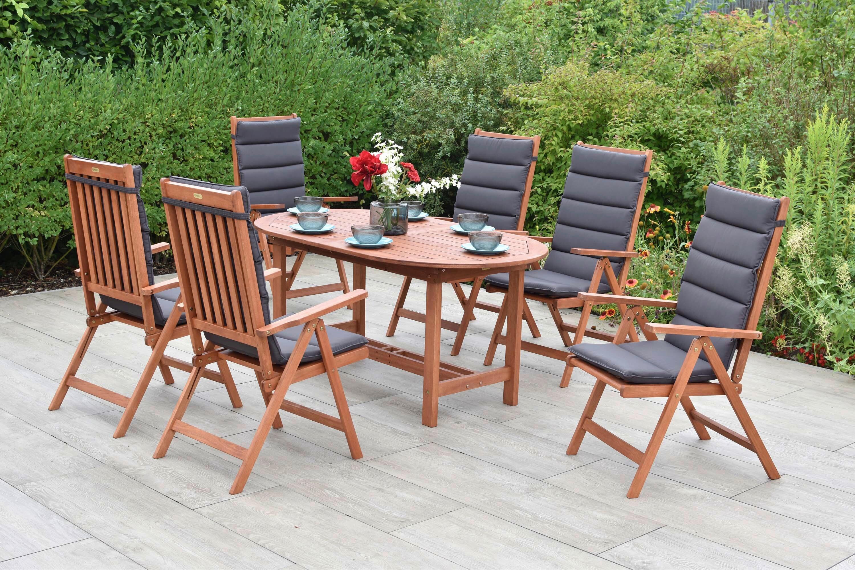 Gartentischgruppe Vitoria 7--teilig. aus Holz mit Auflagen