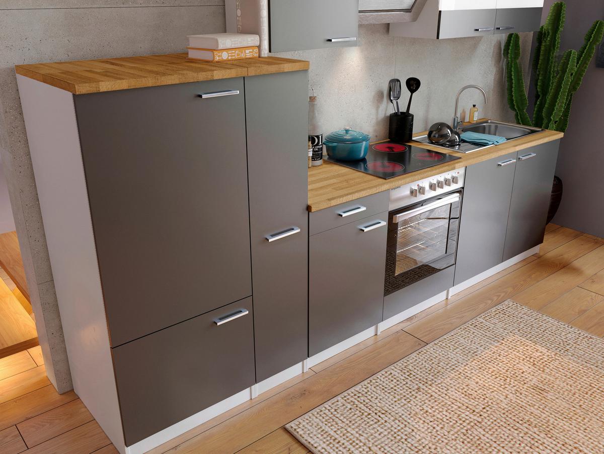 Küchenzeile Economy M. Geräten 300 Cm Grau/nussbaum Dekor - Nussbaumfarben/Weiß, Basics, Holzwerkstoff (300cm) - Respekta