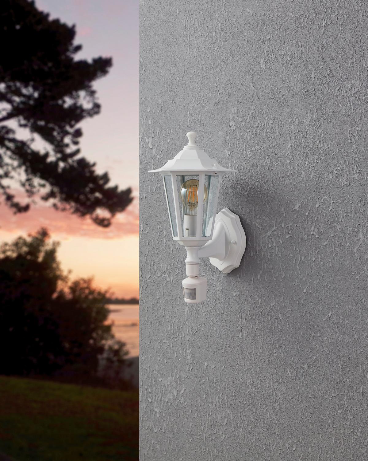 Außenwandleuchte Mit Bewegungsmelder 1x 60 W E27 - Klar/Weiß, Basics, Glas/Metall (16,5/23,5/42,5cm) - Eglo