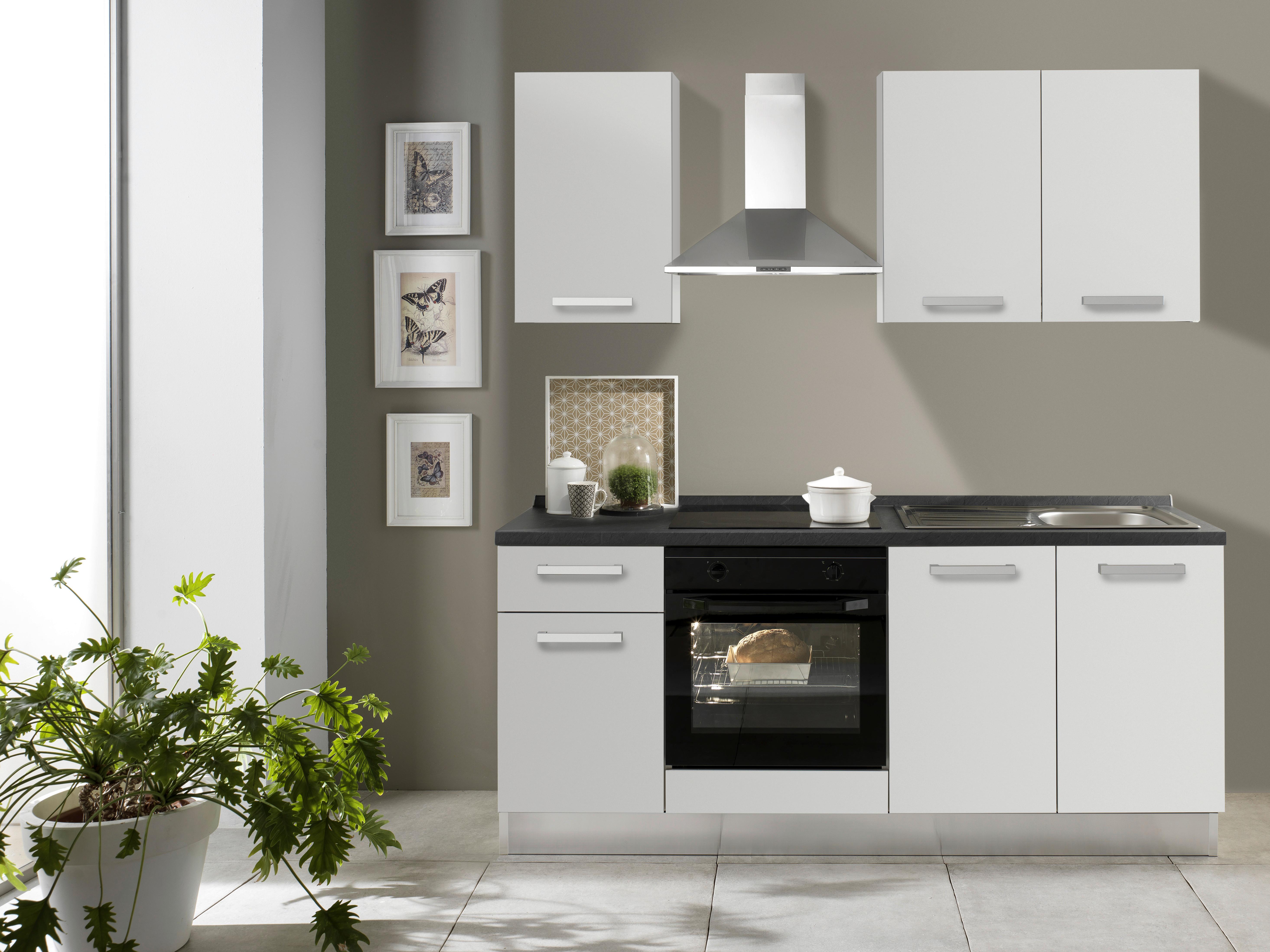 Küchenzeile Belluna mit Geräten 195 cm Weiß/Grau Modern - Dunkelgrau/Alufarben, Basics, Holzwerkstoff/Kunststoff (195cm) - MID.YOU