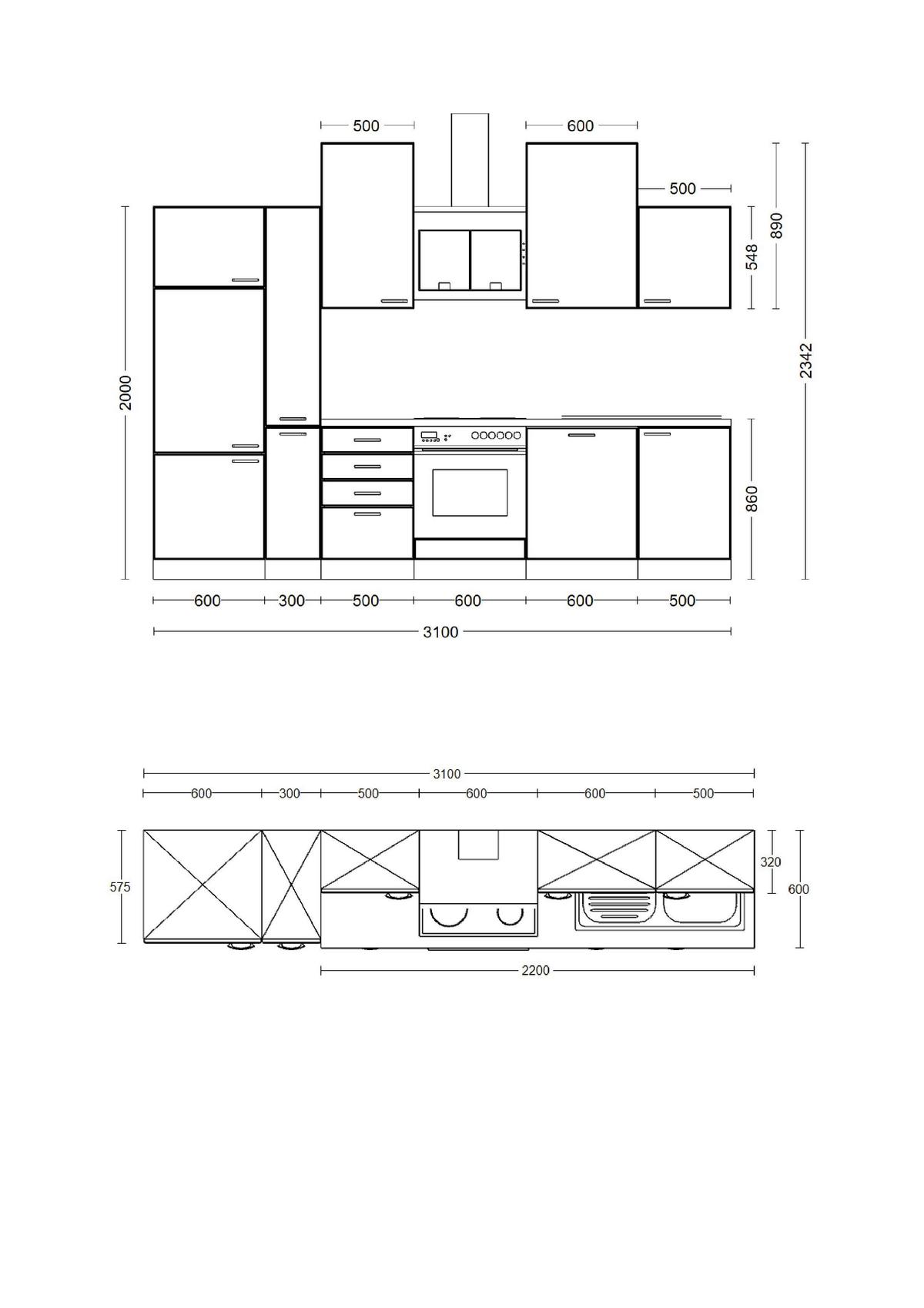 Küchenblock Valero Sonoma Eiche/weiß B: 310 Cm - Weiß Hochglanz/Sonoma Eiche, Basics, Holzwerkstoff (310cm) - FlexWell