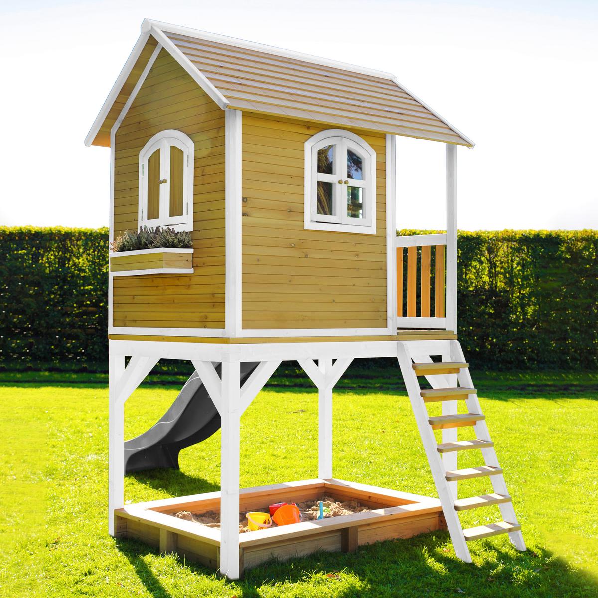 Spielhaus Sarah Braun/Grau/Weiß B: 370 cm - Braun/Weiß, KONVENTIONELL, Holz/Kunststoff (370/291/191cm) - Ambia Garden