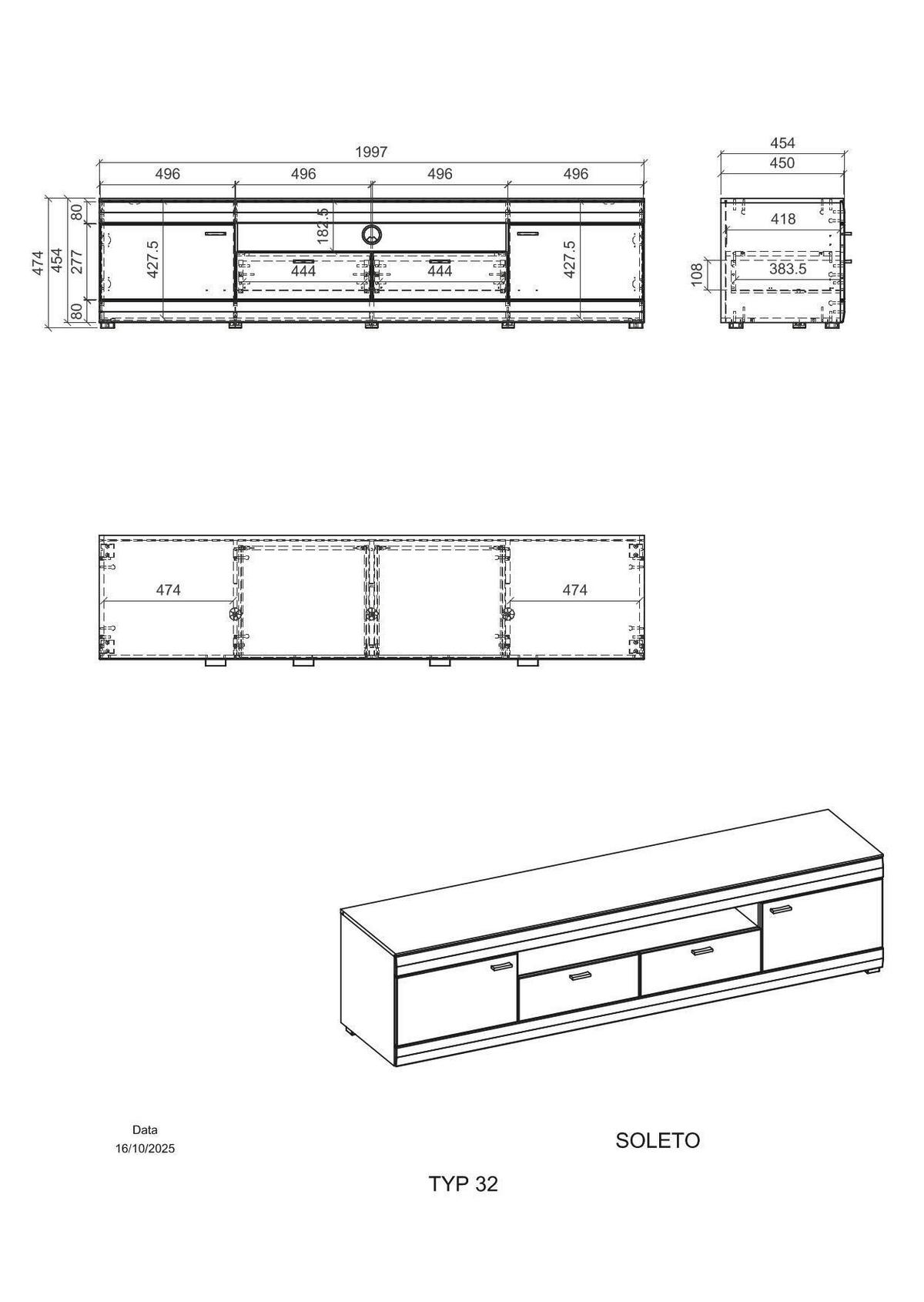 Lowboard Soleto Graphit-/Eichefarben B: 200cm - Eichefarben/Schwarz, Design, Holzwerkstoff (200/48/45cm) - MID.YOU