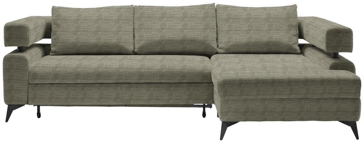 Rohová sedačka ROSALIE, pravá s úložným prostorem a lůžkem - černá/olivově zelená, Konvenční, kov/textil (265/184cm)