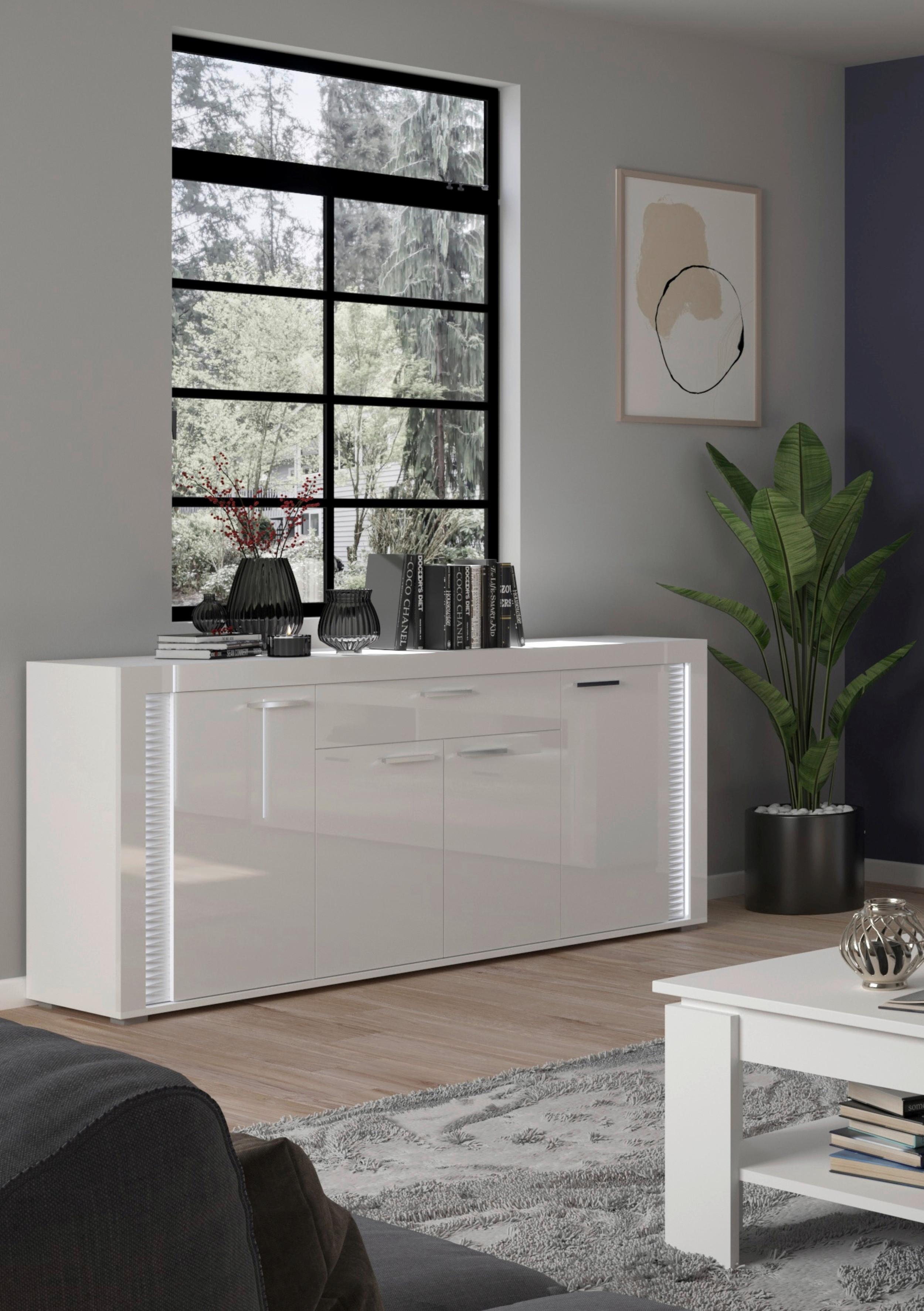 Sideboard Skylight Weiß B: 182 cm - Weiß Hochglanz/Silberfarben, Design, Holzwerkstoff (182/84/42cm) - MID.YOU