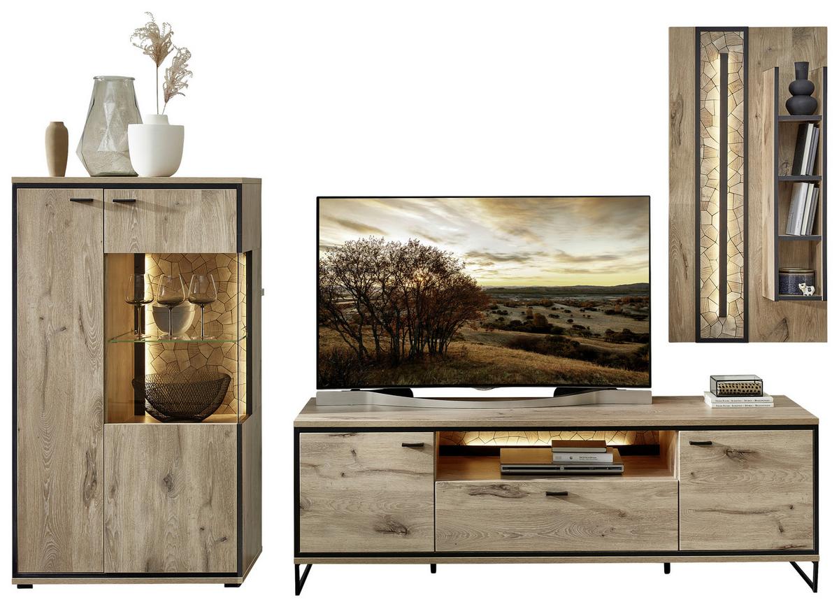 Wohnwand Ruben - Eichefarben/Schwarz, KONVENTIONELL, Glas/Holzwerkstoff (290/201/49cm) - Livetastic