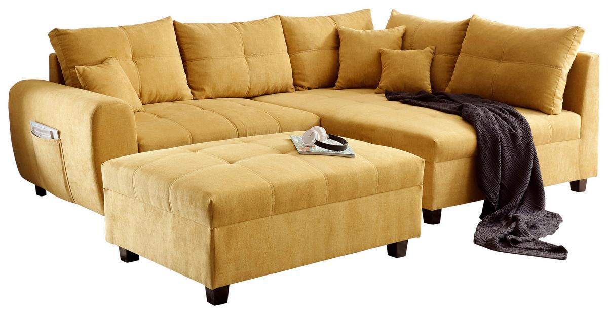 Ecksofa inkl. Kissen und Hocker Lea, Polyester-Nylon - Gelb/Schwarz, Basics, Holzwerkstoff/Textil (248/176cm) - MID.YOU