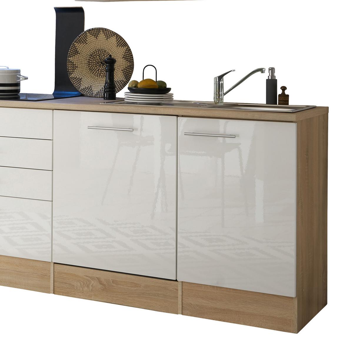 Küchenzeile Laurel ohne Geräte 310 cm Eiche/Weiß Hochglanz - Weiß/Sonoma Eiche, MODERN, Holzwerkstoff (310cm) - MID.YOU