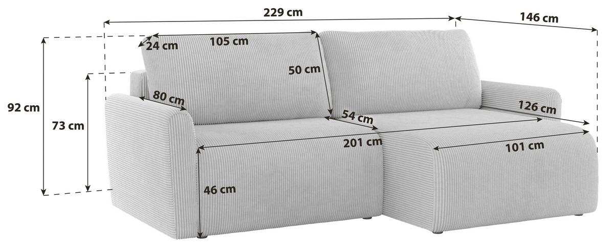 Ecksofa mit Schlaffunktion & Bettkasten Josh Beige Cord - Beige, Trend, Textil (229/146cm)