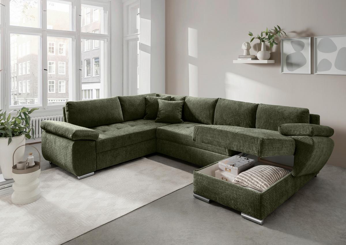 Wohnlandschaft Terana Olivgrün mit Schlaffunktion, Mikrofaser - Chromfarben/Olivgrün, KONVENTIONELL, Textil (219/305/157cm) - Livetastic