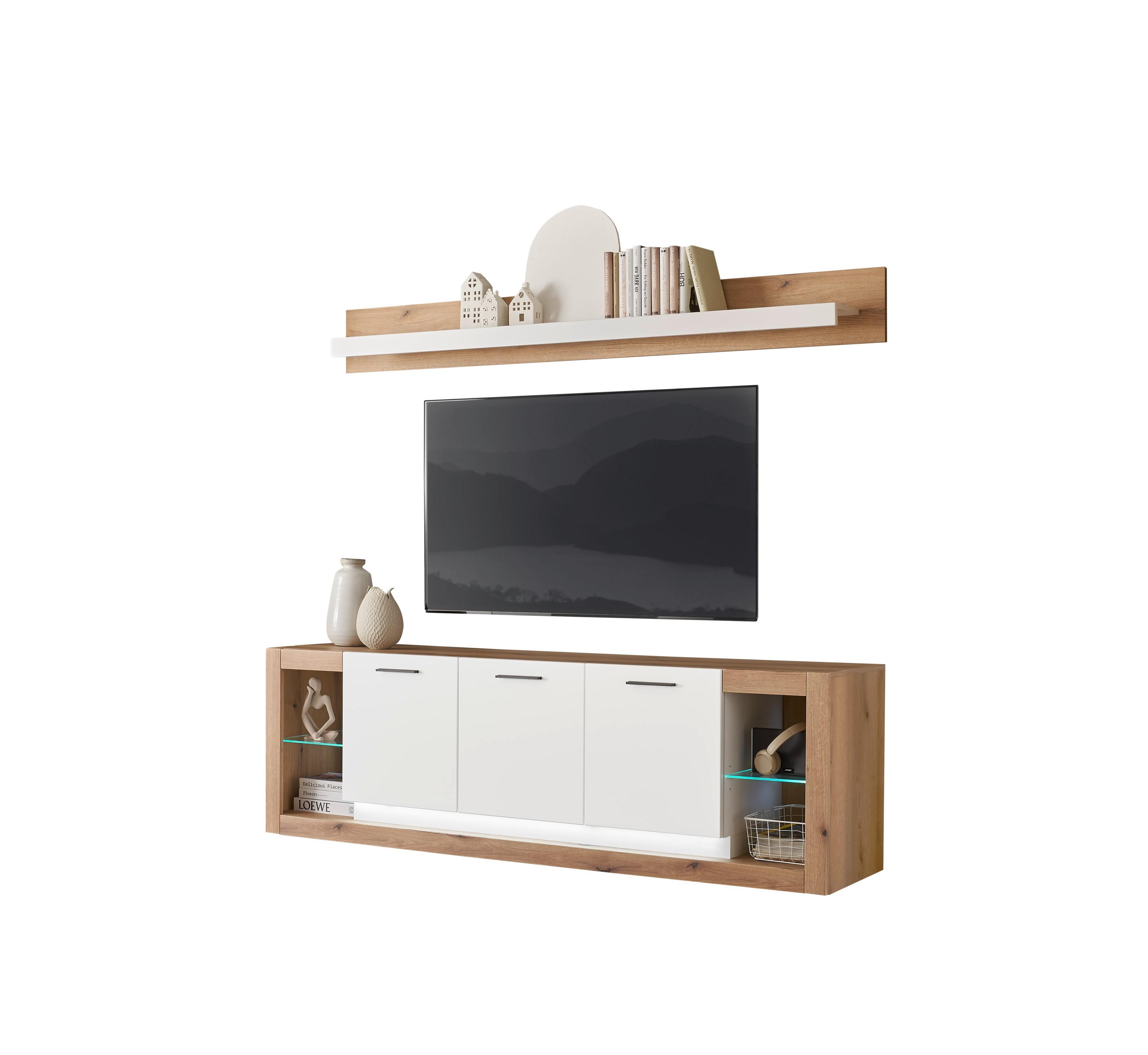 Wohnwand Brixen Weiß/Eichefarben B: 198cm - Eichefarben/Weiß, Design, Glas/Holzwerkstoff (198/170/43cm) - MID.YOU