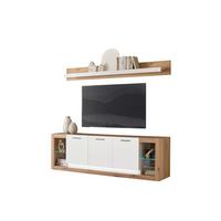 Wohnwand Brixen Weiß/Eichefarben B: 198cm - Eichefarben/Weiß, Design, Glas/Holzwerkstoff (198/170/43cm) - MID.YOU