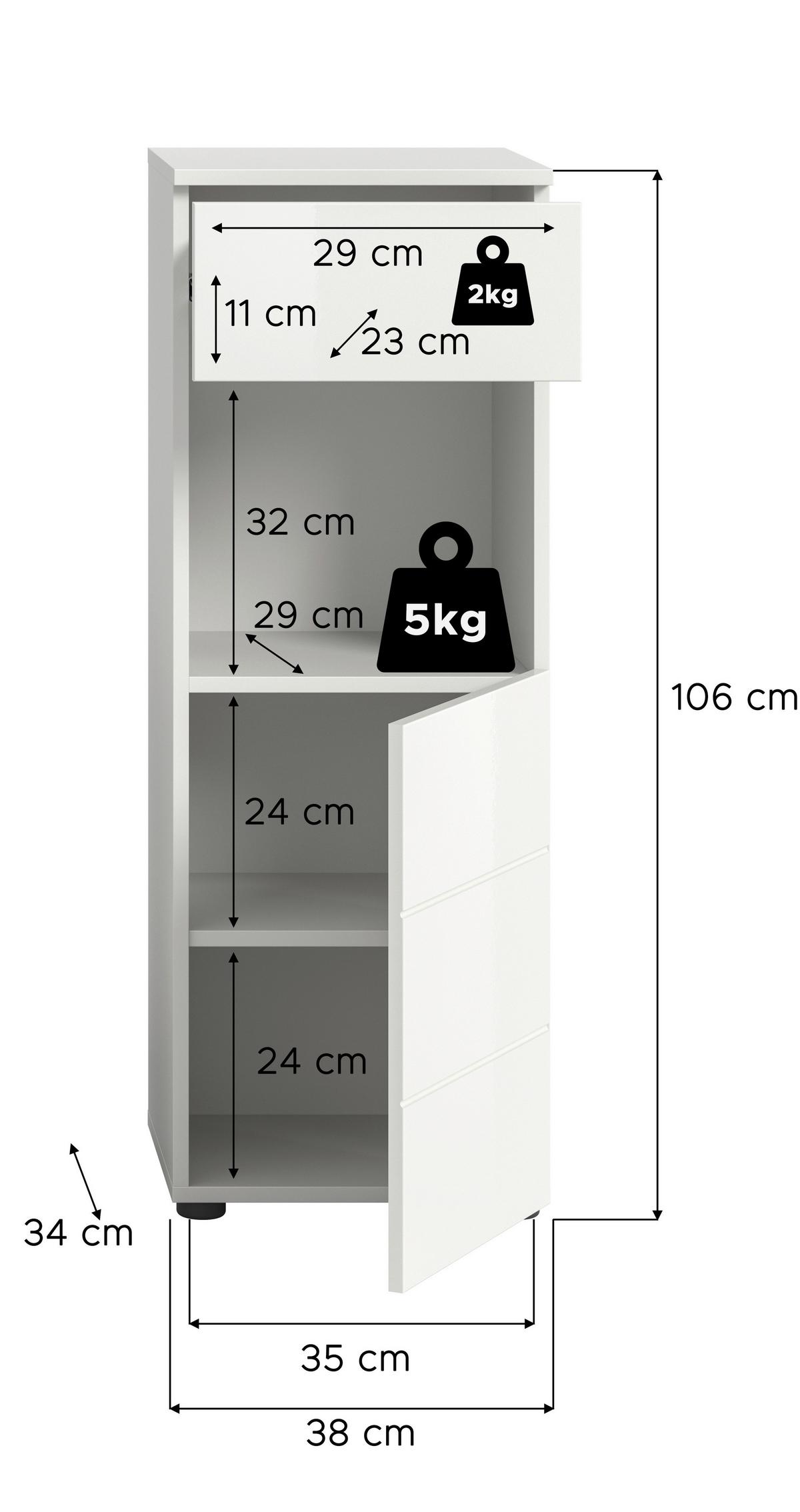 Midischrank Vira Weiß B: 38 cm - Weiß Hochglanz/Schwarz, MODERN, Holzwerkstoff (38/106/34cm) - MID.YOU
