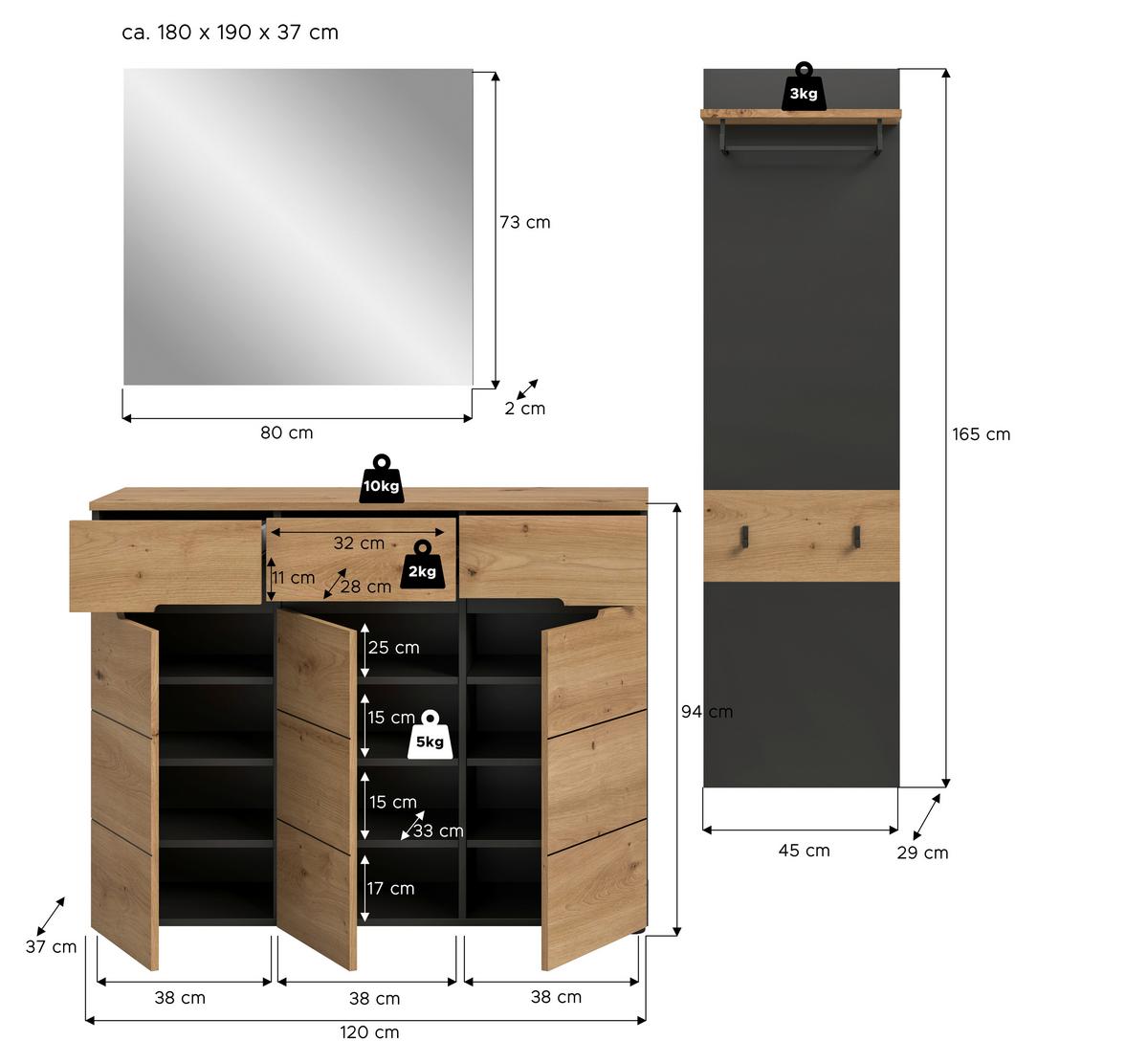 Garderobe Canu 3-teilig Eiche Artisan/grau B: 180 Cm - Eiche Artisan, Design, Holzwerkstoff (180/190/37cm) - Livetastic