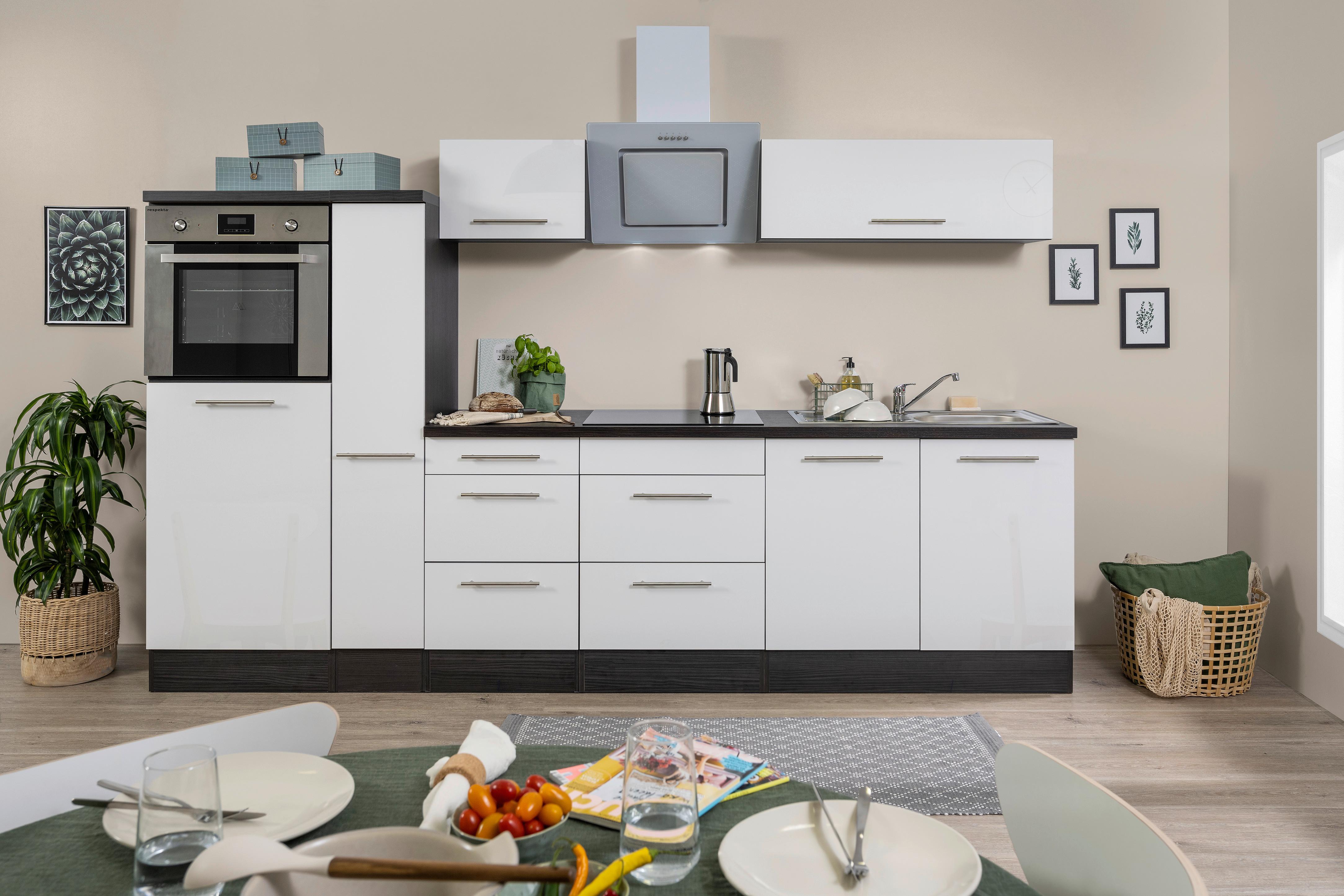 Küchenzeile mit Geräten 300 cm Weiß Hochglanz/Eiche Grau - Eichefarben/Weiß, Basics, Holzwerkstoff (300cm) - Respekta