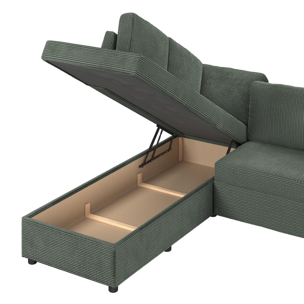 Ecksofa mit Schlaffunktion Toulouse Cord grün, 206x224cm - Schwarz/Grün, Trend, Holz/Textil (206/224cm)