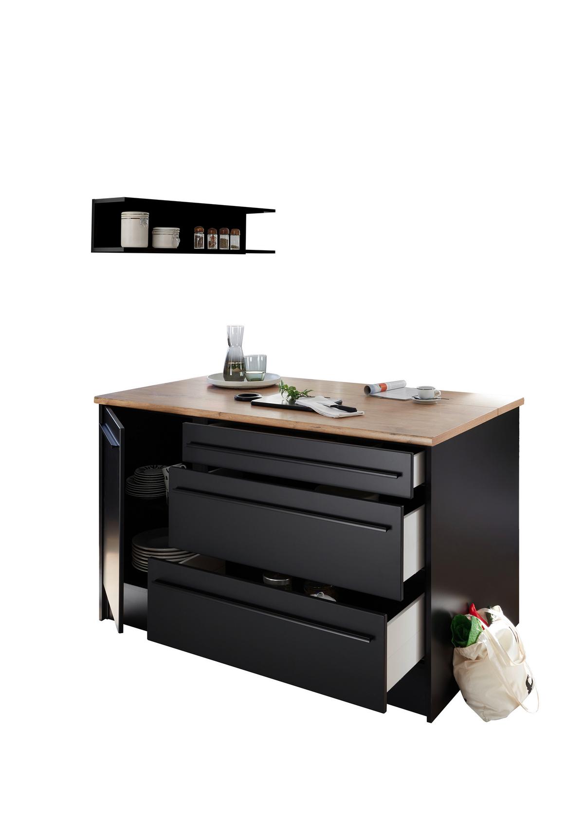 Kuchynský ostrovček JACQUELINE, šírka 145 cm - čierna/farba duba, Konventionell, kompozitné drevo/plast (145/90/90cm) - MID.YOU