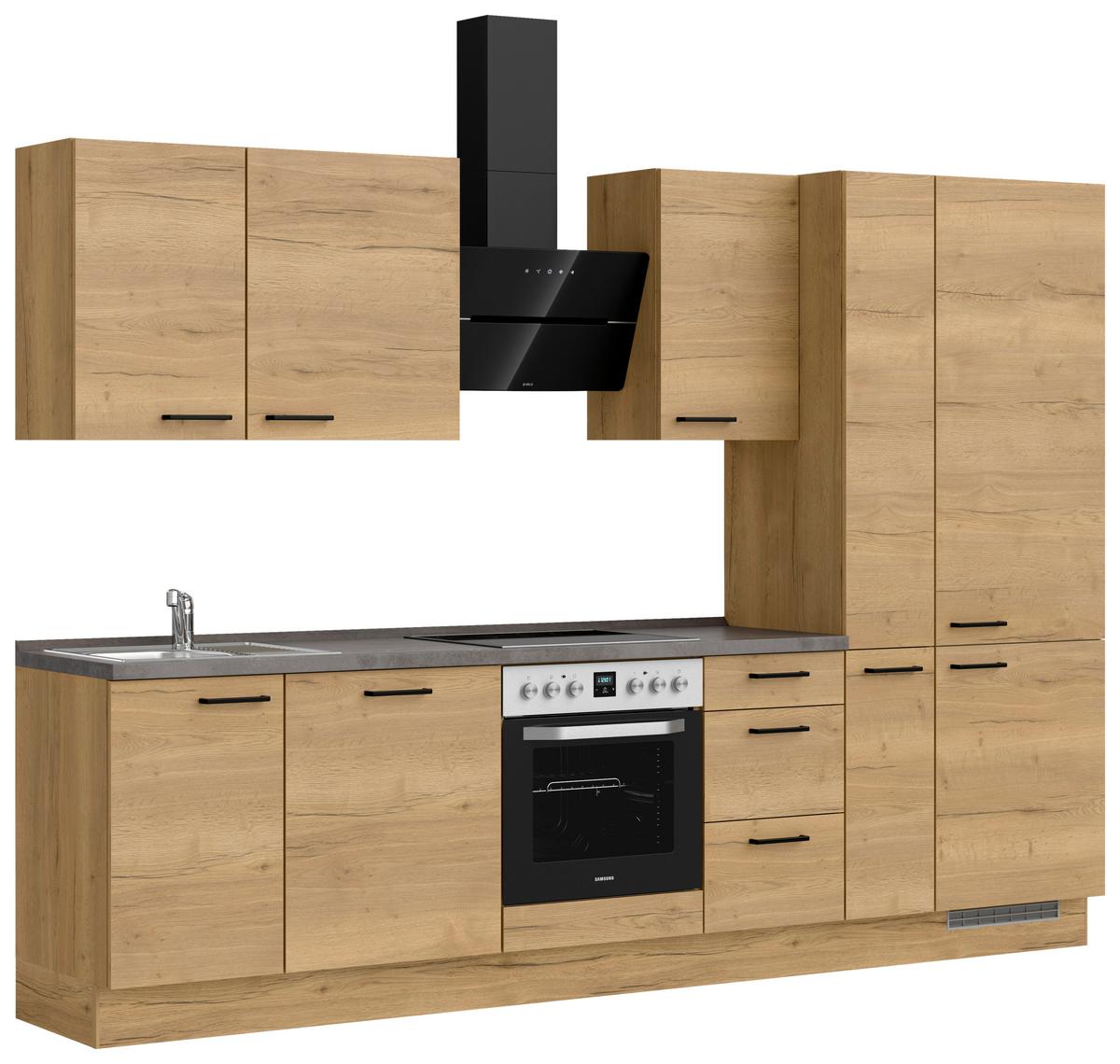 Kuchynská linka 300 cm, dub Sierra - čierna/farba duba, Modern, kov/kompozitné drevo (300cm) - Nobilia