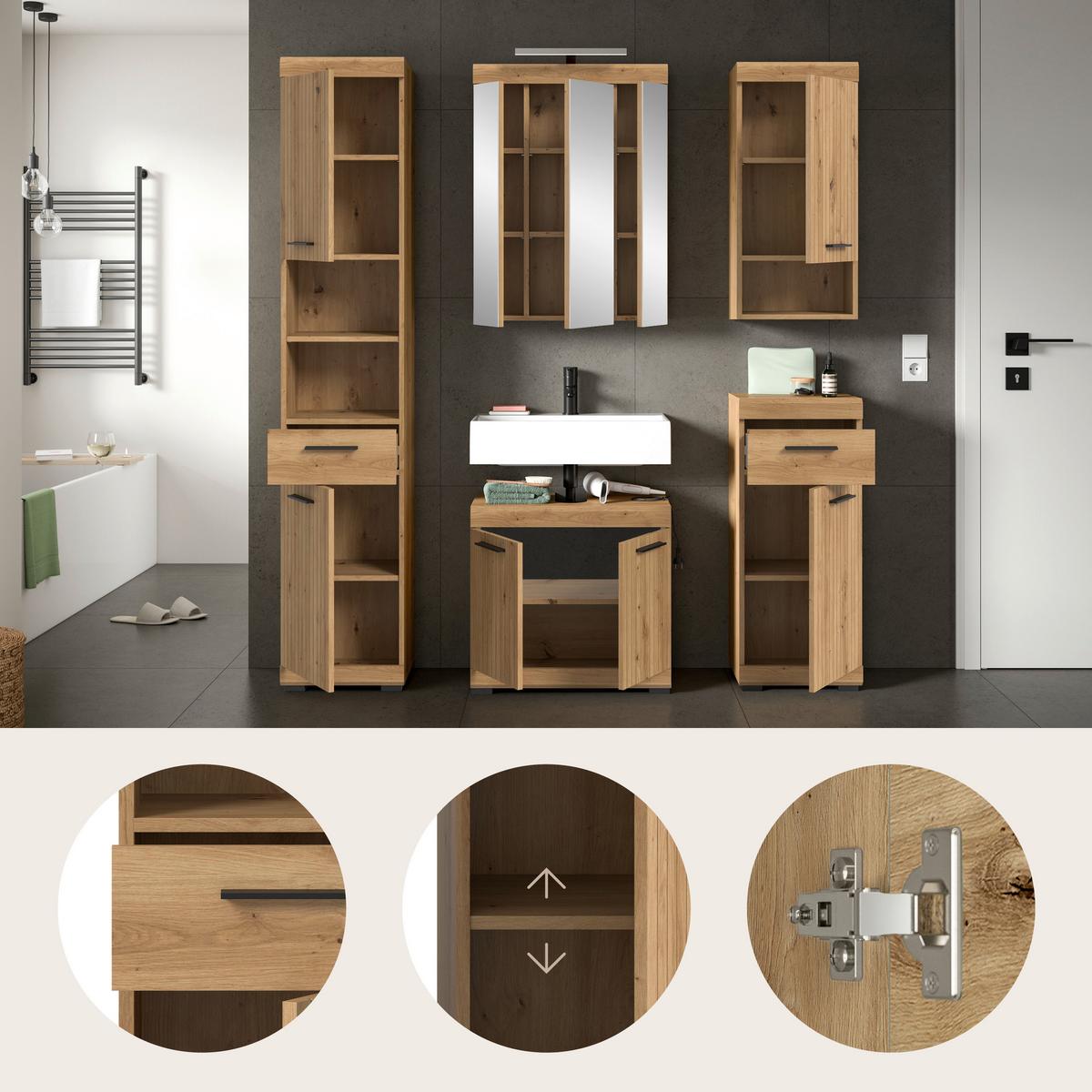 Badezimmer Scout Eiche Artisan Dekor B: 134cm - Eiche Artisan, Trend, Glas/Holzwerkstoff (134cm) - MID.YOU