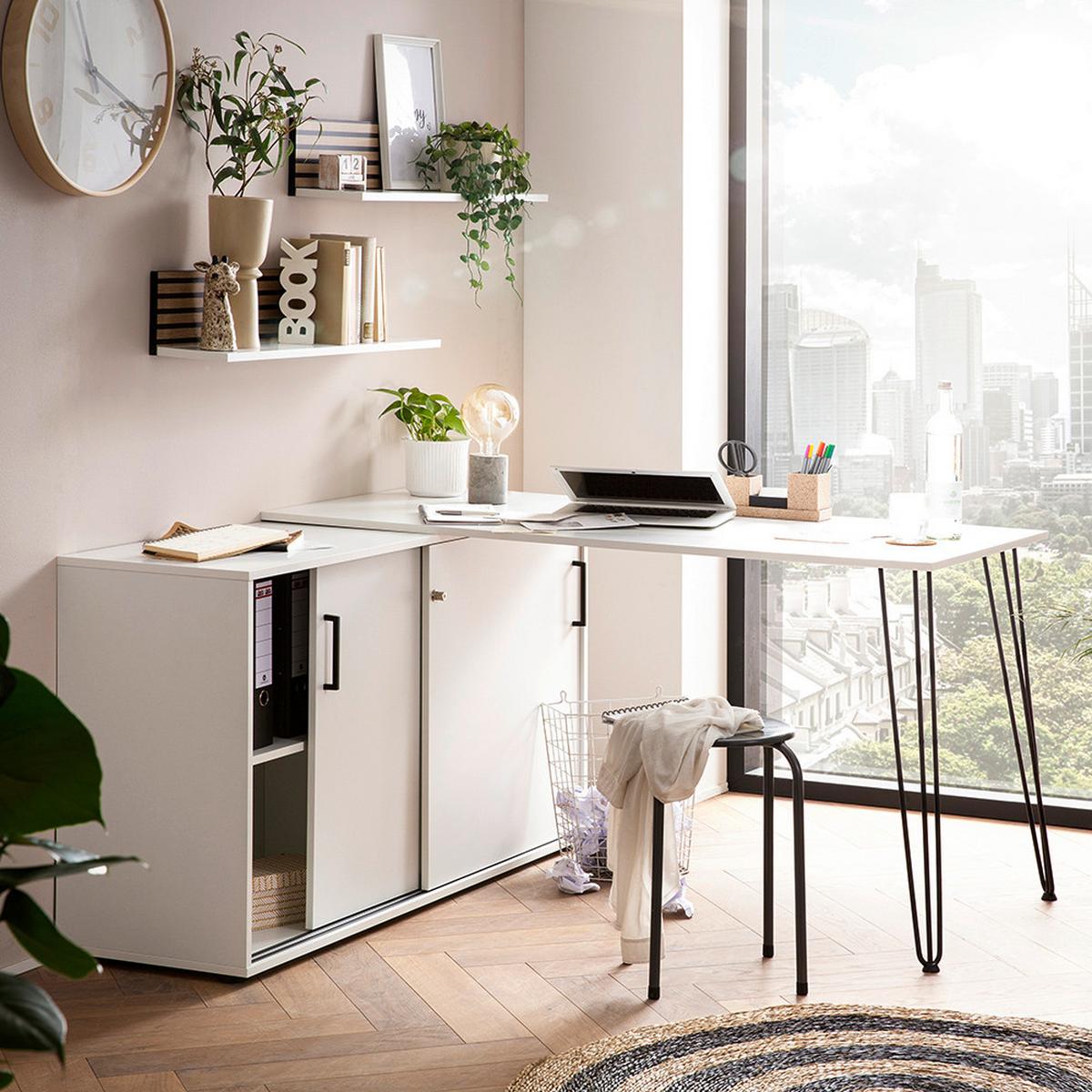 Eckschreibtisch mit Stauraum B 145cm H 73,8cm Ekko, Weiß - Schwarz/Weiß, MODERN, Holzwerkstoff/Metall (145/129,5/73,8cm) - MID.YOU