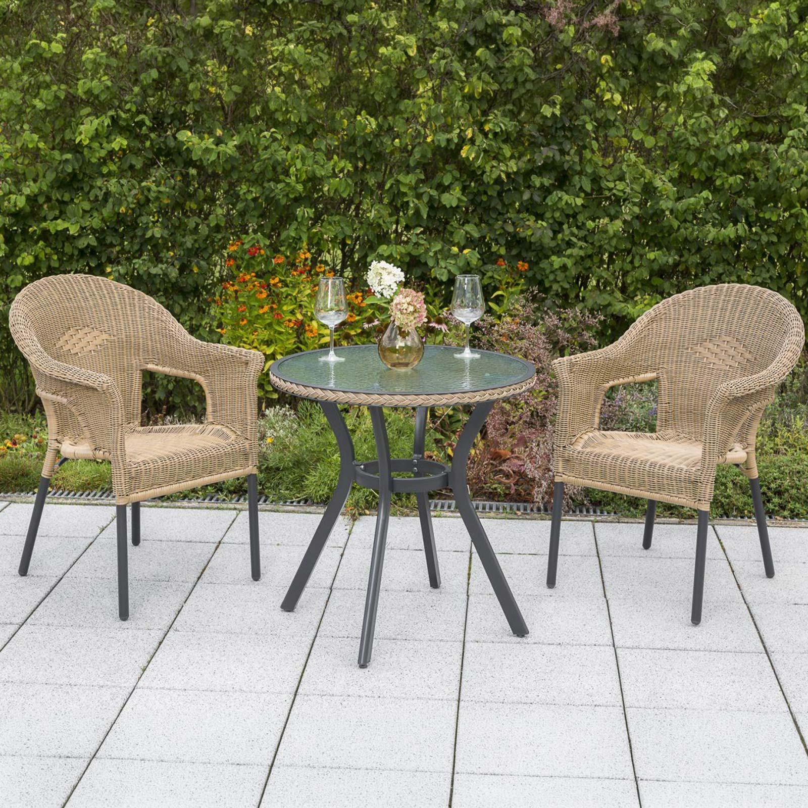 Gartenmöbel Set 3-tlg. Ravenna Metall/kunststoffgeflecht - Graphitfarben/Naturfarben, ROMANTIK / LANDHAUS, Kunststoff/Metall - Gardenson