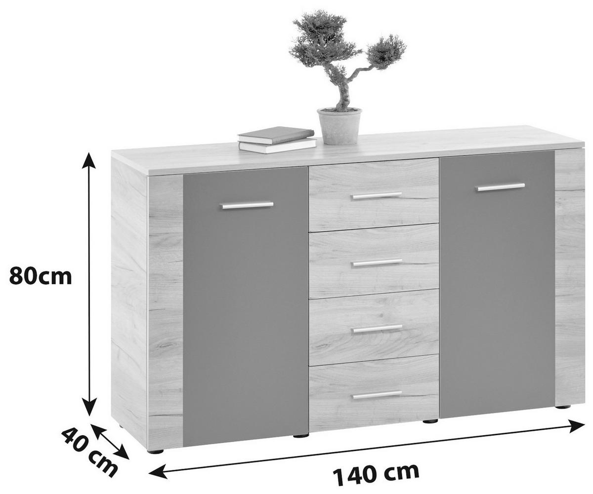 Komód Uno 140/80 Cm - tölgyfa színű/szürke, Modern, faalapú anyag (140/80/40cm)