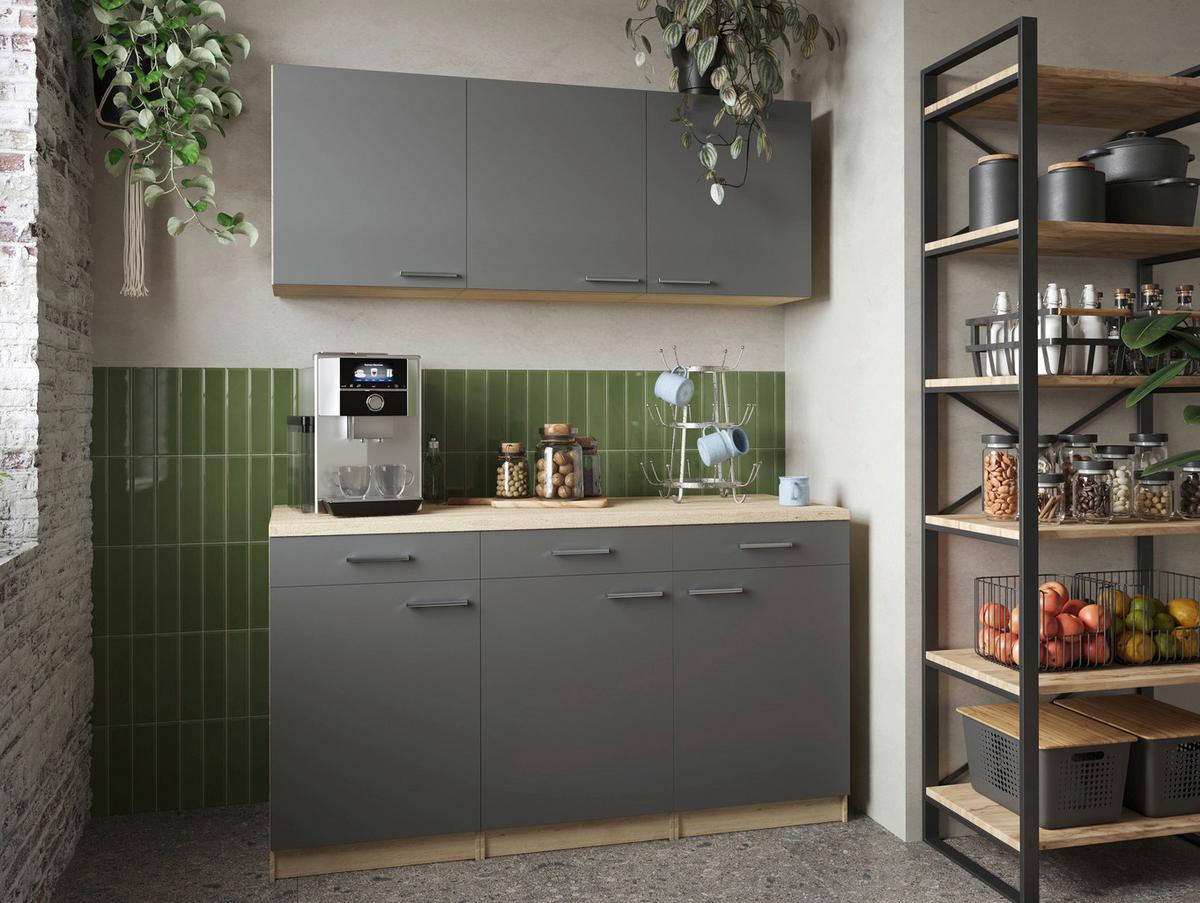 Miniküche Merle Grau/Eiche Dekor B:150cm - Eichefarben/Grau, Basics, Holzwerkstoff (150cm) - Respekta