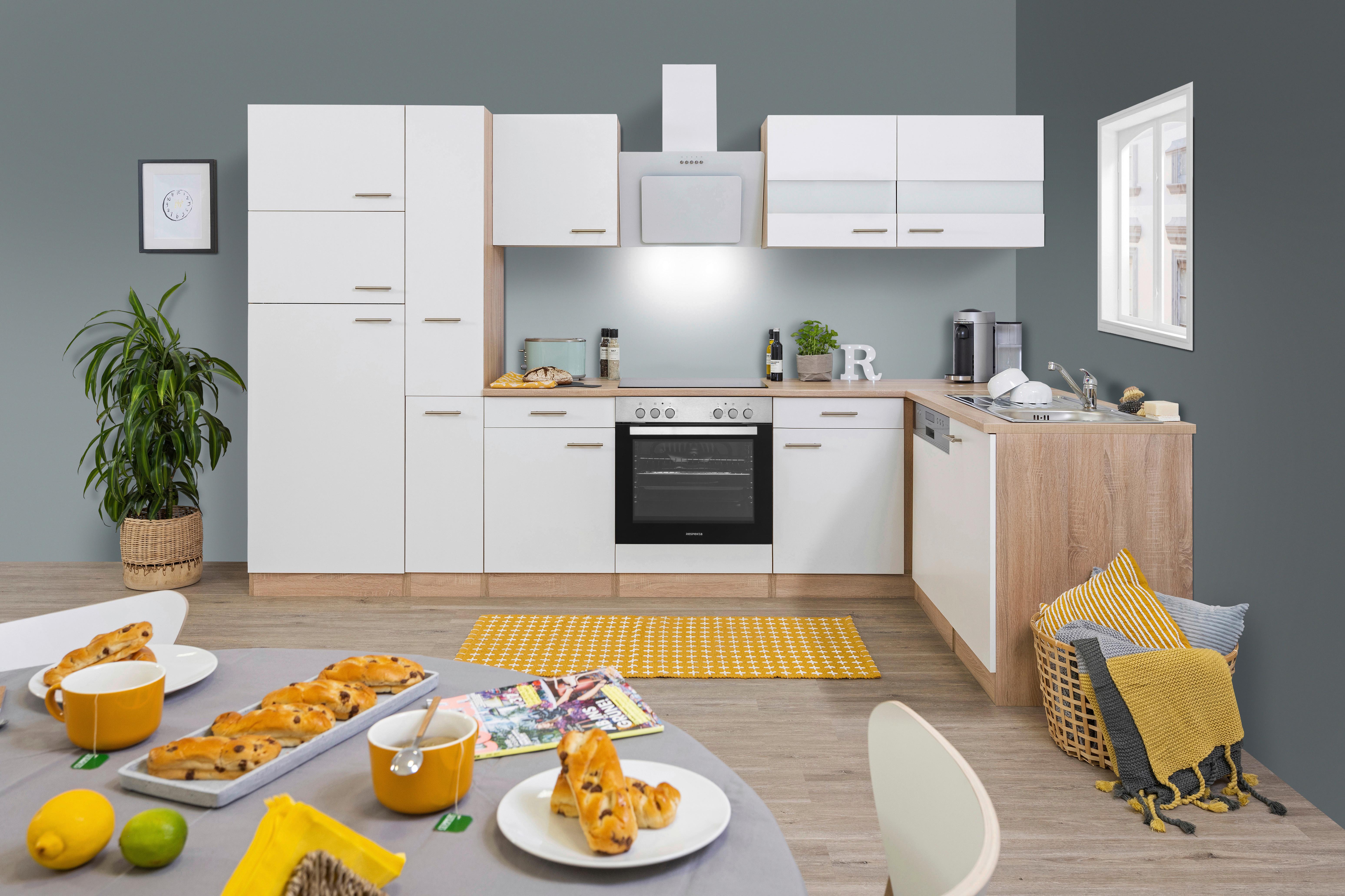 Eckküche Economy mit Geräten 172 cm Weiß/Eichefarben - Eichefarben/Weiß, Basics, Glas/Holzwerkstoff (310/172cm) - Respekta
