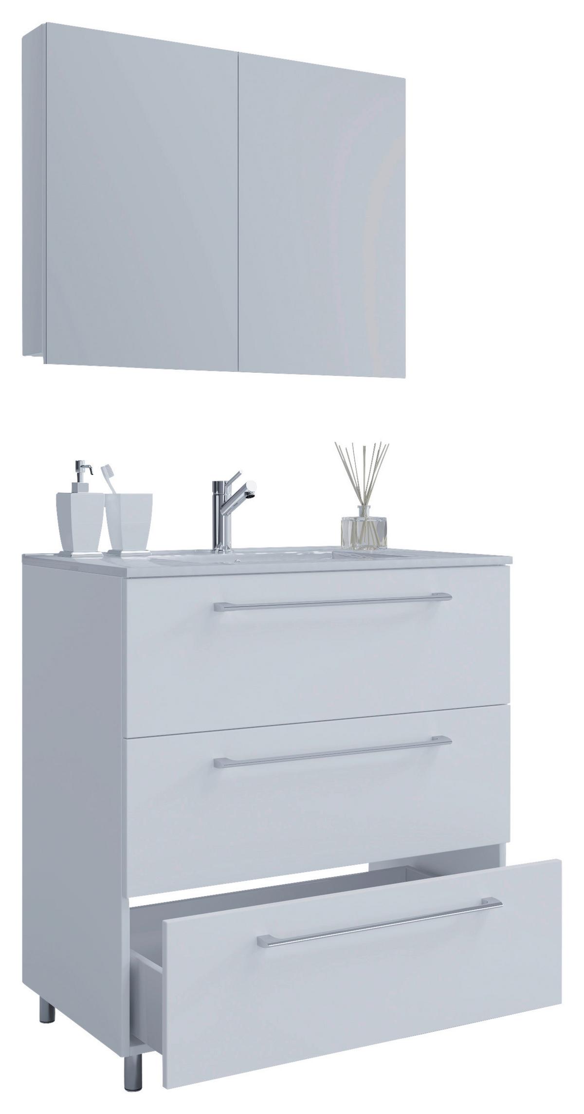 Badmöbel-Set 3-Tlg. Schubo B: 60 cm Weiß Dekor - Alufarben/Weiß, MODERN, Keramik/Holzwerkstoff (60cm) - MID.YOU