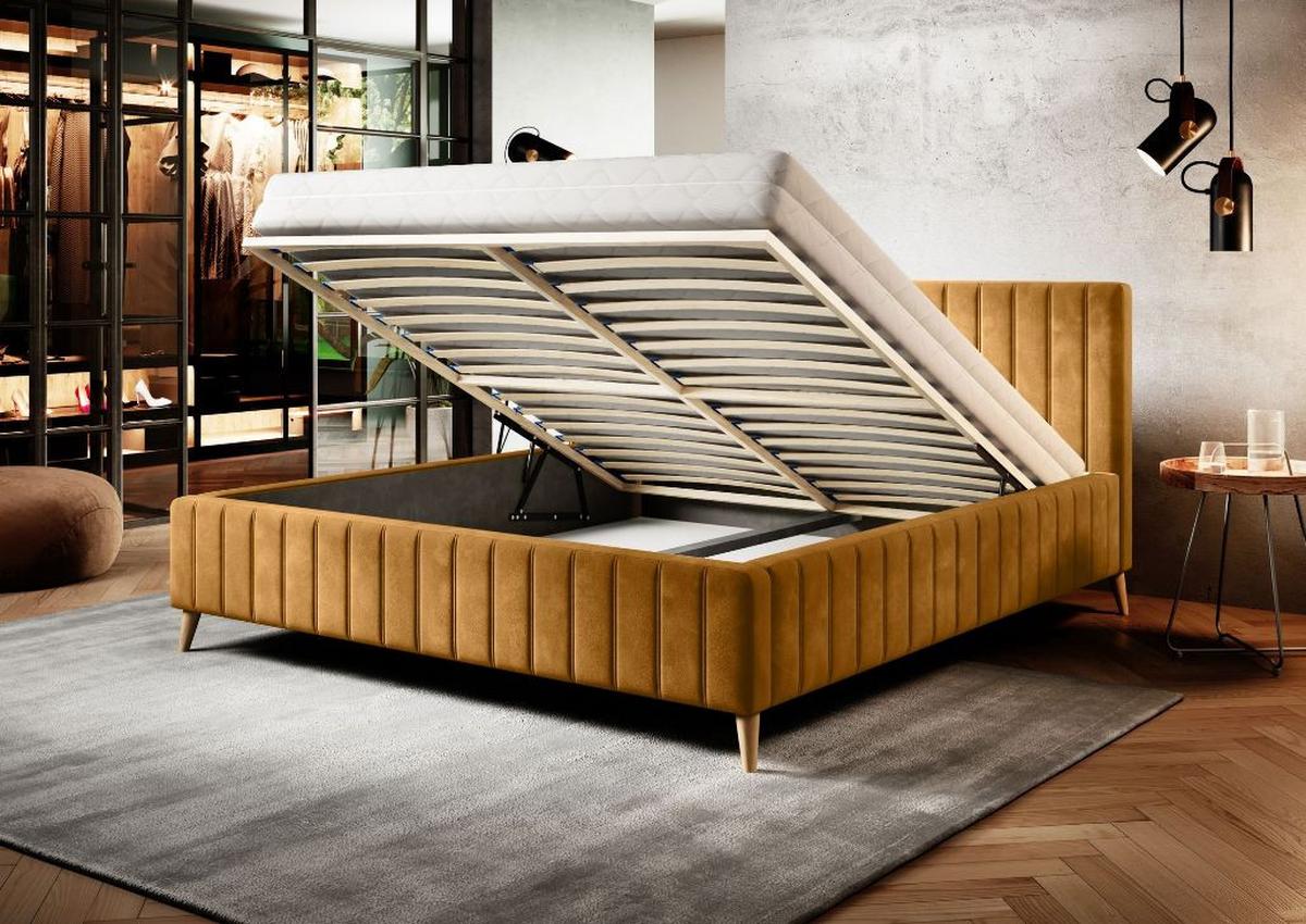 Posteľ Tamina s roštom a úložným priestorom 180x200cm - prírodná farba/kari žltá, Design, drevo/textil (180/200cm)