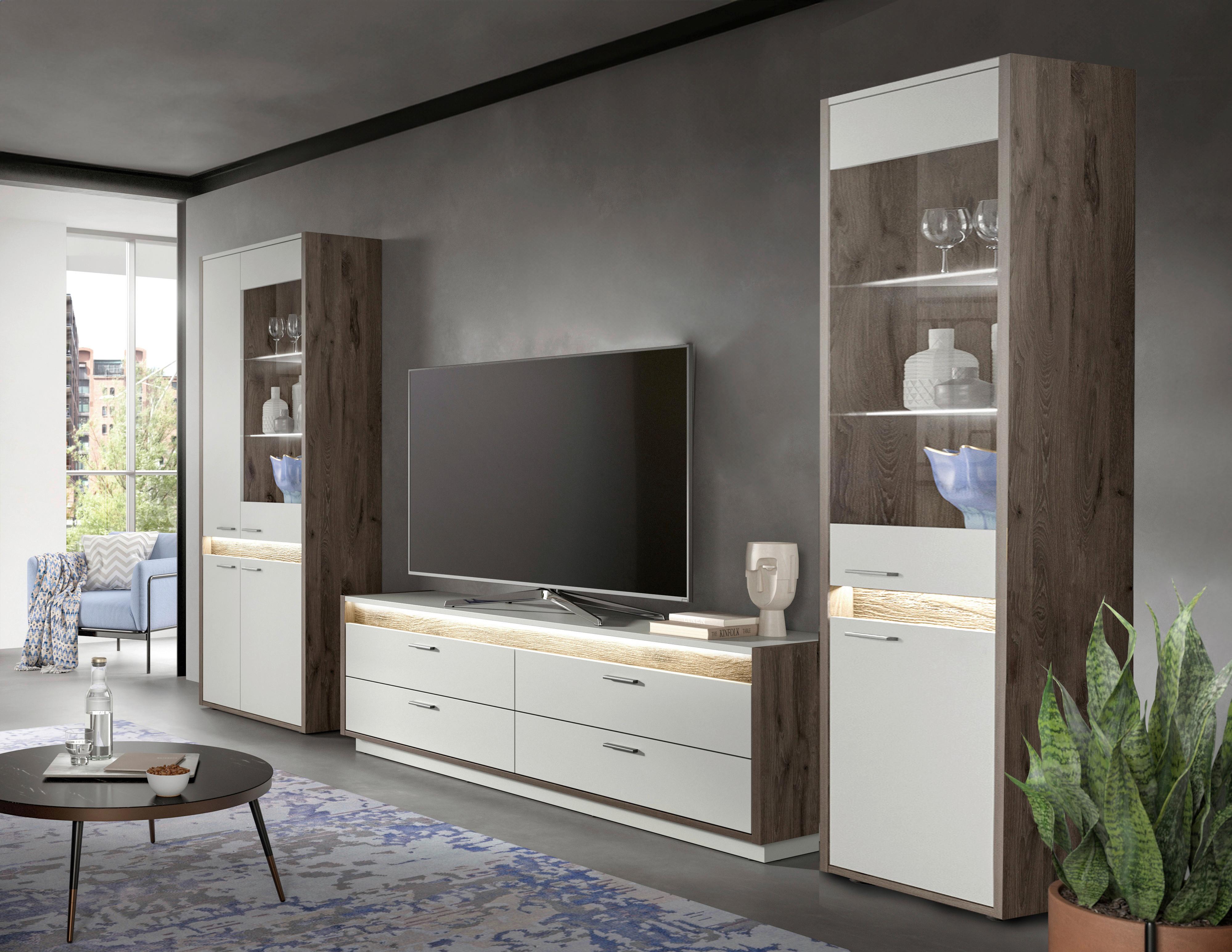 Wohnwand Nox Oak Dekor, Hellgrau Nb - Design, Glas/Holzwerkstoff (350/198/43cm) - MID.YOU