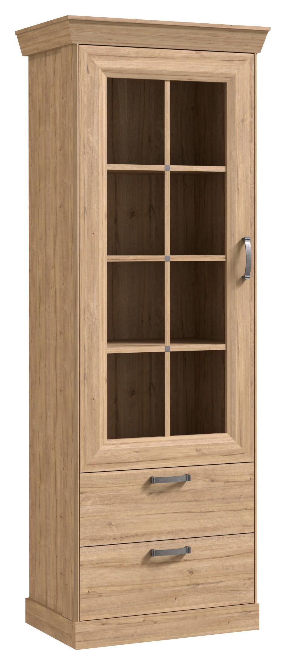 VITRÍNA CANNES - barvy dubu/černá, Romantický / Rustikální, kov/kompozitní dřevo (74/205/47cm)