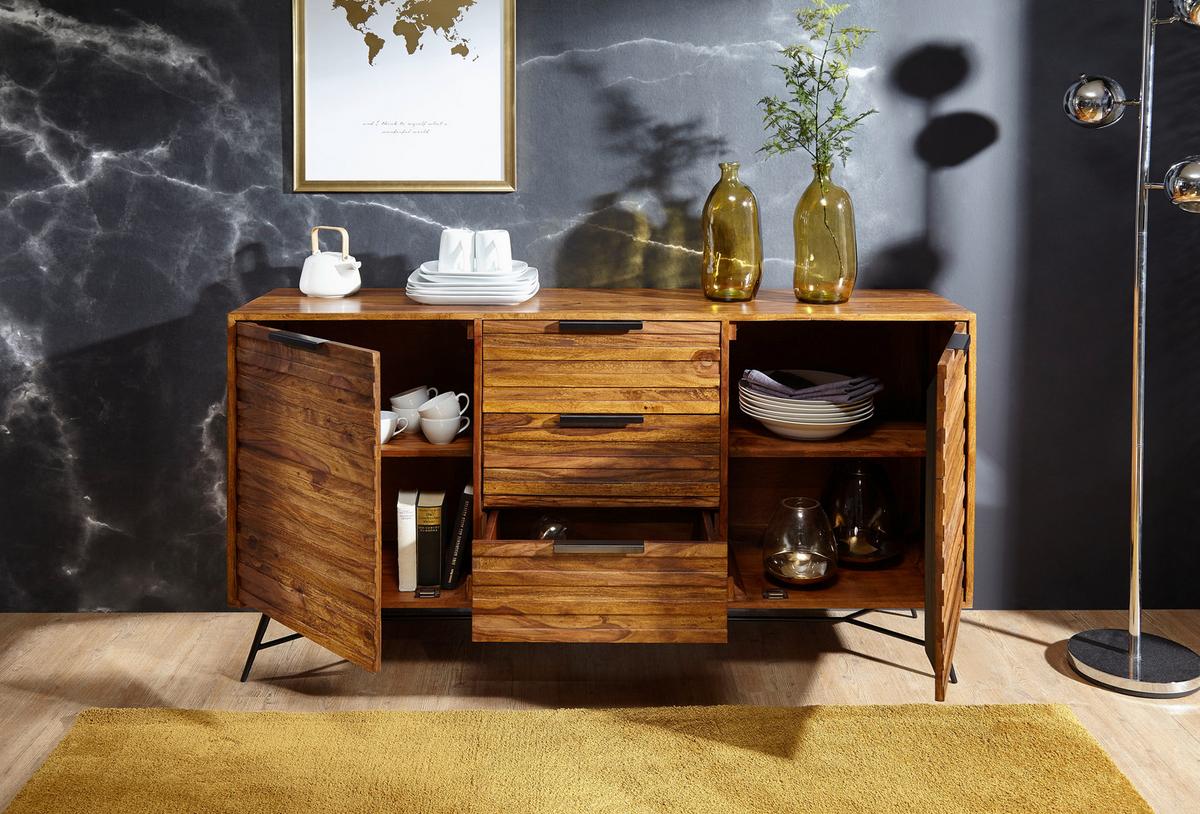 Sideboard Sheesham Sheeshamfarben B: 160 cm - Sheeshamfarben/Schwarz, Design, Holz (160/88/40cm) - MID.YOU