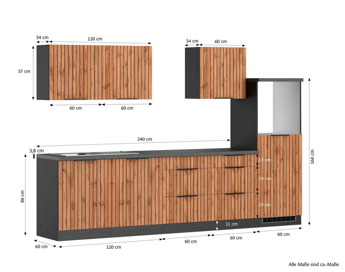 Küchenleerblock Liverpool Graphit/Eiche Dekor B: 300 cm - Schieferfarben/Eiche Wotan, Basics, Holzwerkstoff (300cm) - Held