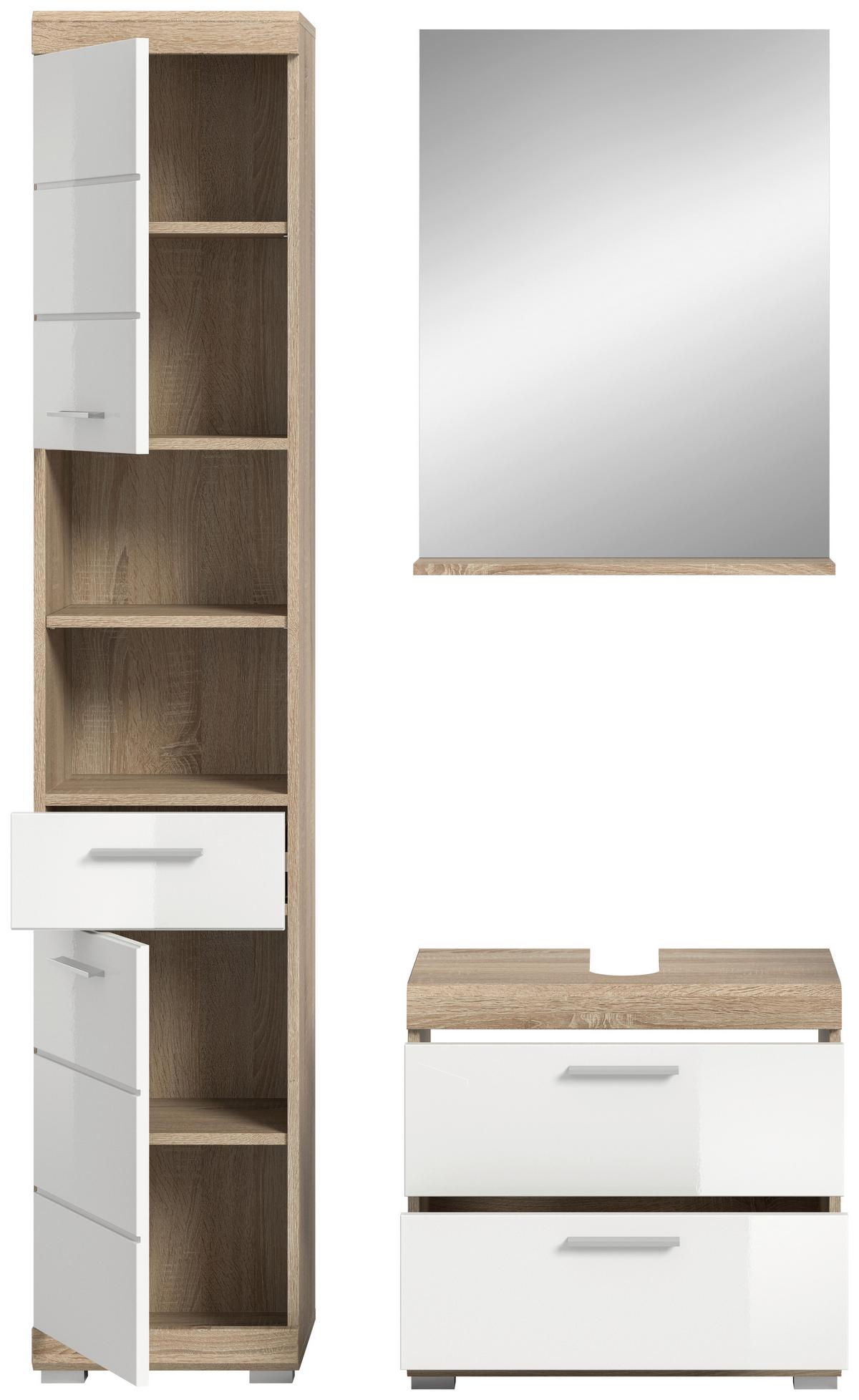 Badezimmer Lambada Eiche Dekor/weiß B: 97 Cm - Weiß Hochglanz/Silberfarben, MODERN, Glas/Holzwerkstoff (97cm) - MID.YOU