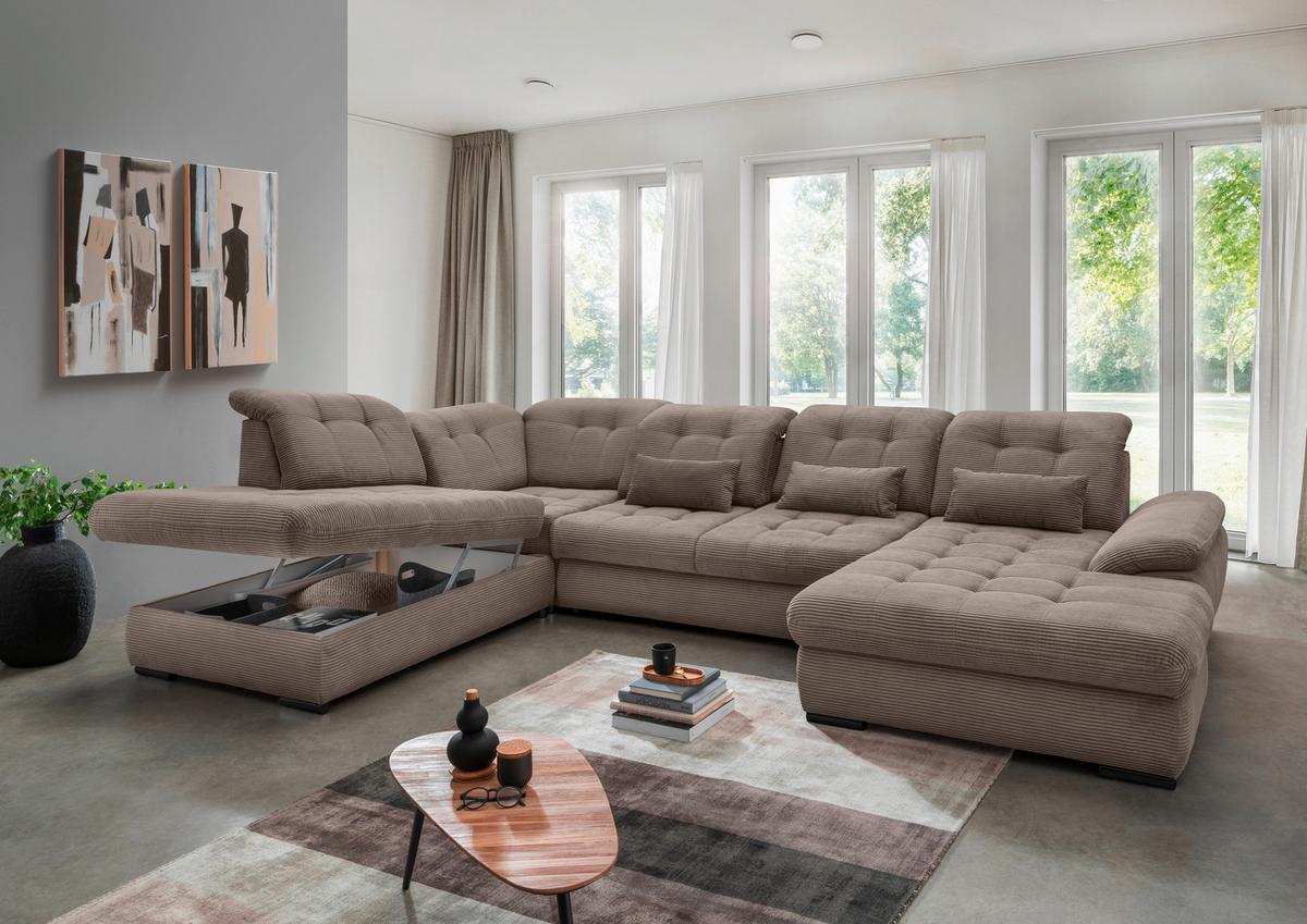 Wohnlandschaft Mit Bettkasten Rigatti Graubraun B: 387 Cm - Graubraun/Schwarz, MODERN, Textil (252/387/184cm) - Livetastic