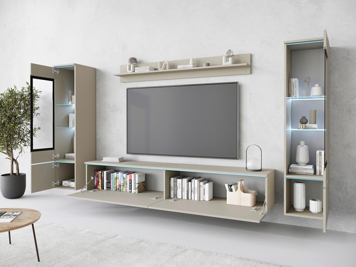 Wohnwand Vera II 4-Teilig Beige/Kaschmir B: 240 cm - Kaschmir/Beige, Trend, Glas/Holzwerkstoff (240/130/33cm)