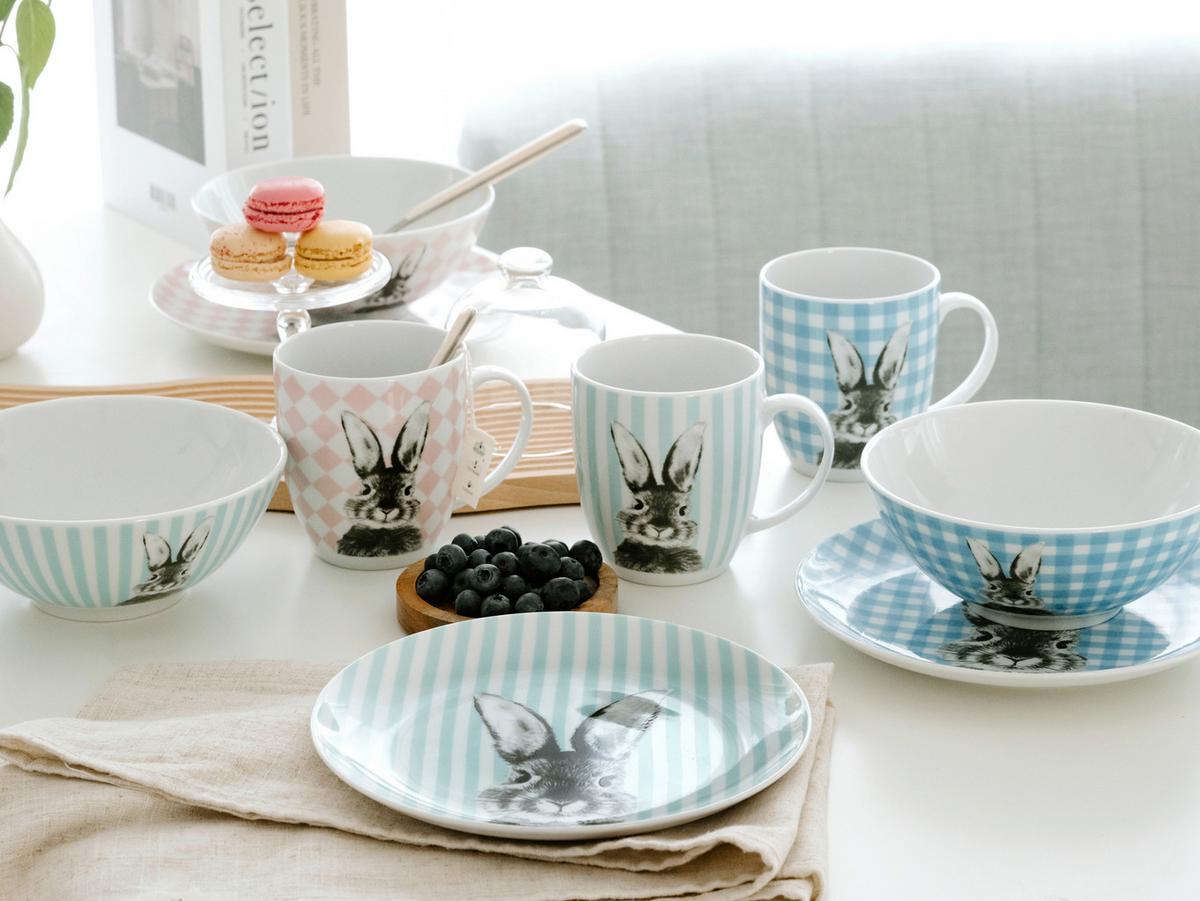 Happy Bunny Frühstücksservice Porzellan, 3tlg. - Weiß/Hellblau, Basics, Keramik - Creatable