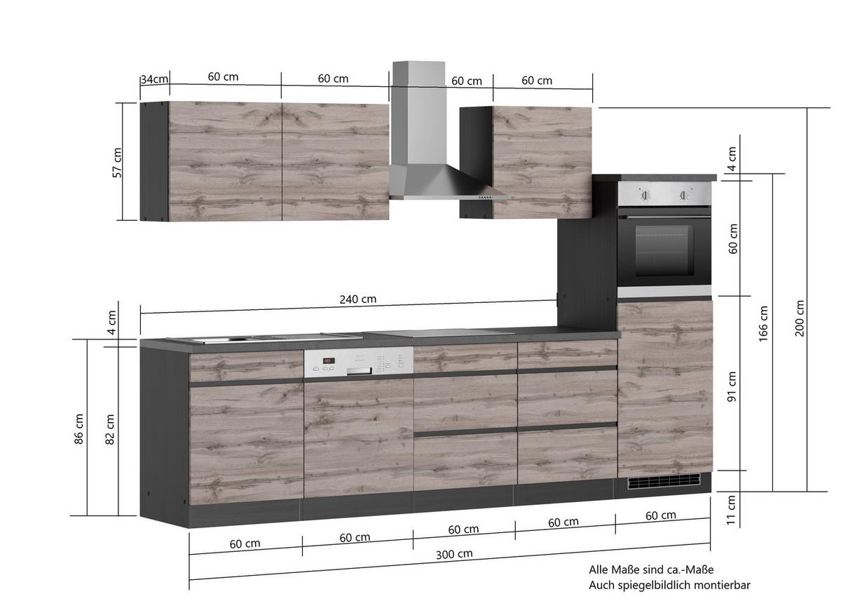 Küchenzeile Turin Mit Geräte B: 300 Cm Graphitfarben/eiche - Eiche Wotan/Graphitfarben, Design, Holzwerkstoff (300cm) - Held