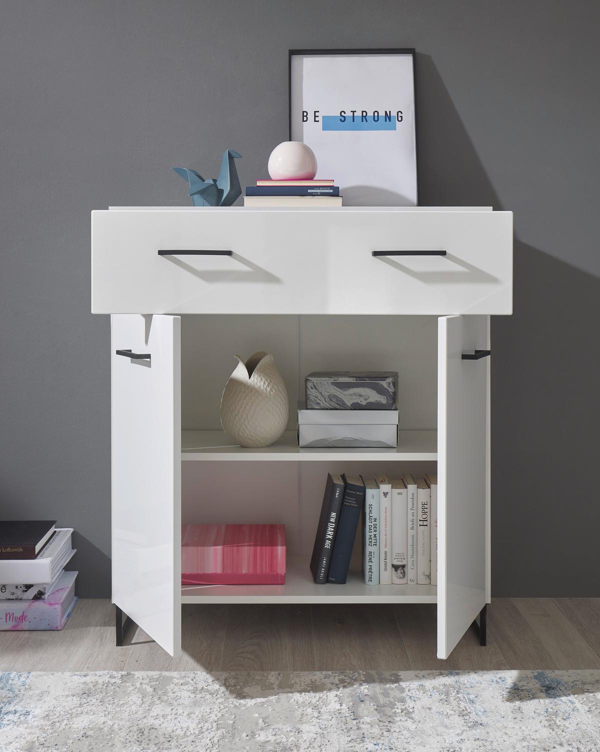 Kommode 80 cm Lecce, Weiß - Weiß Hochglanz/Schwarz, LIFESTYLE, Holzwerkstoff (80/93/40cm) - MID.YOU