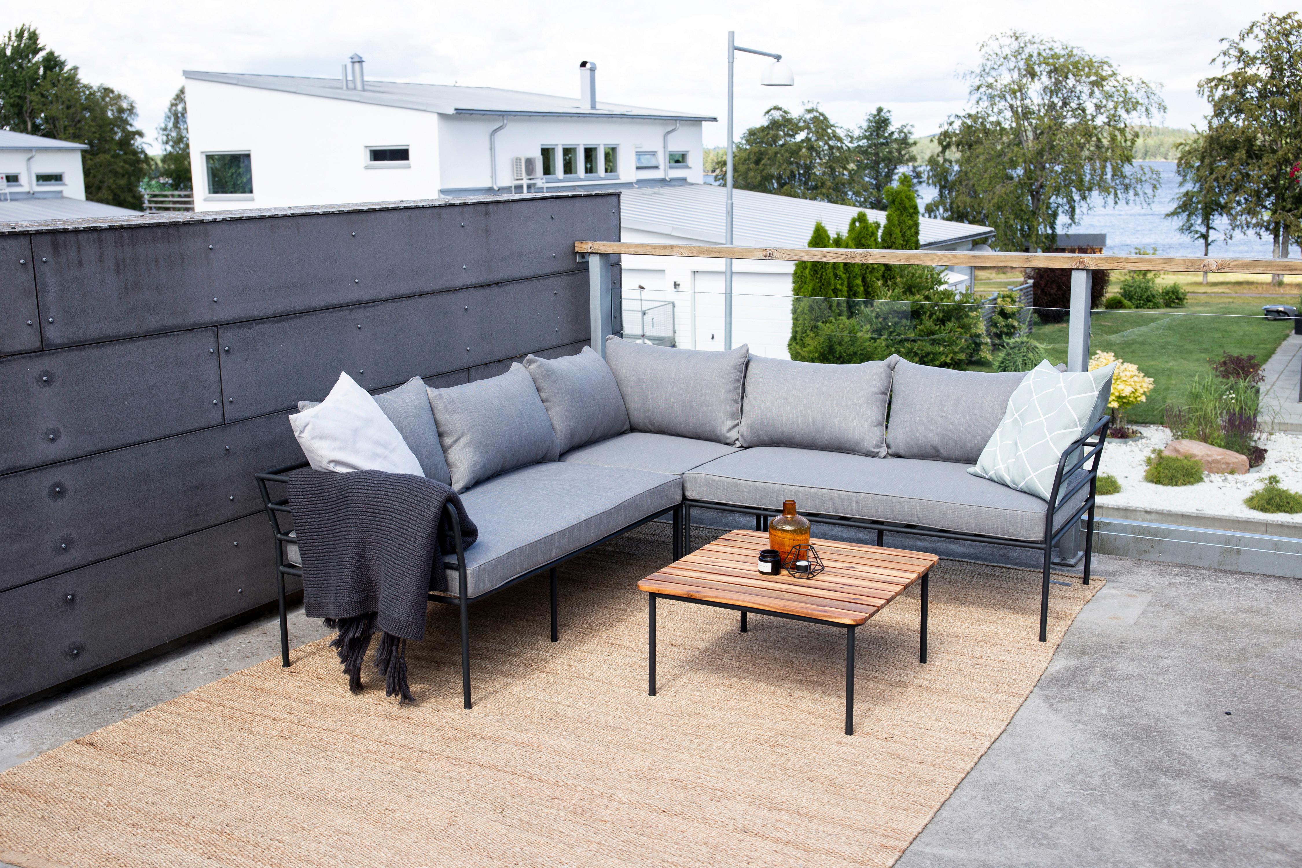 Loungegarnitur 2-tlg Penh Metall/akazienholz Mit Kissen - Schwarz/Grau, KONVENTIONELL, Holz/Metall - Gardenson
