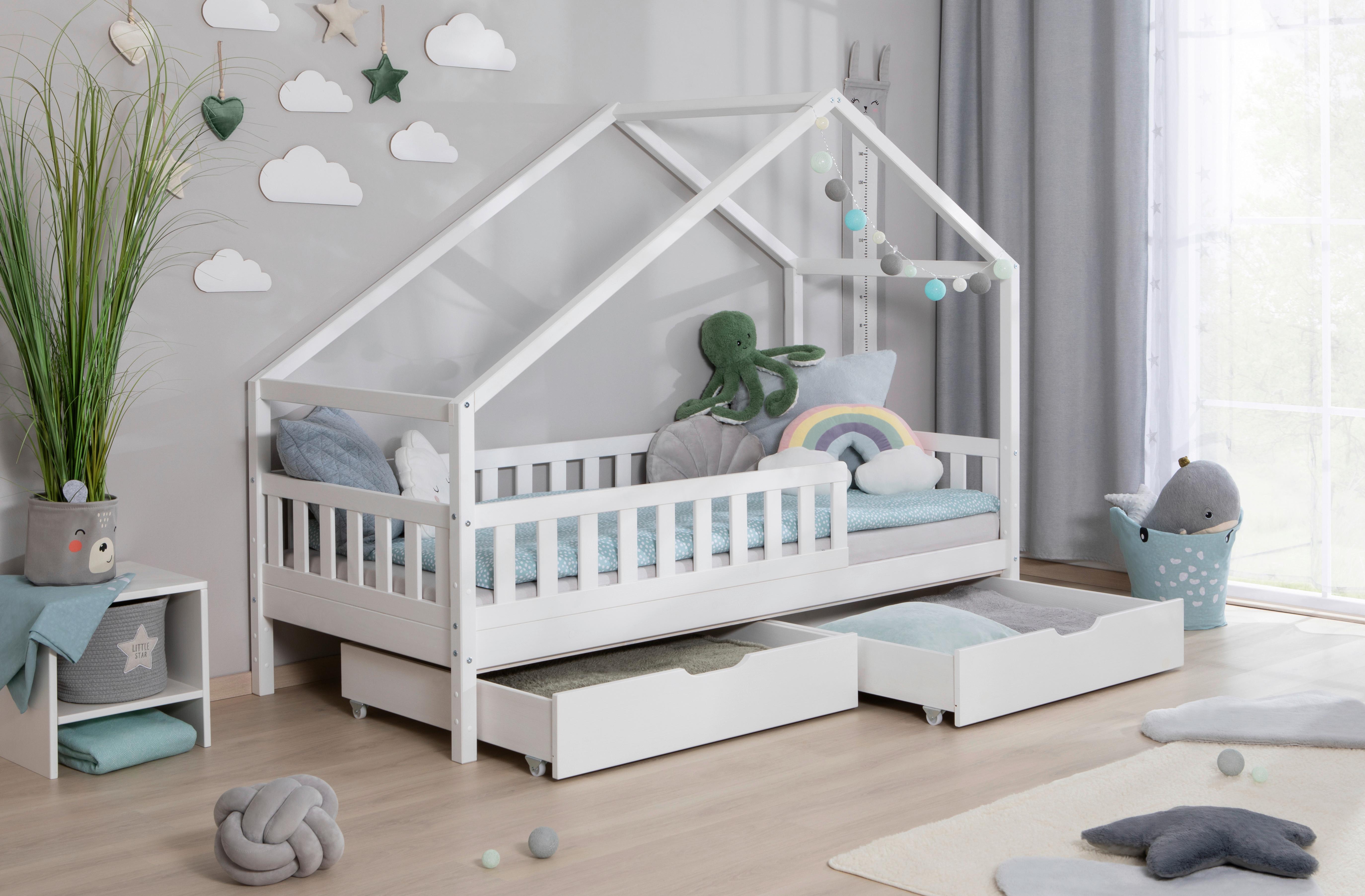 Hausbett Lou Bettschublade Weiß B: 90 cm - Weiß/Naturfarben, MODERN, Holz (90/200cm) - MID.YOU