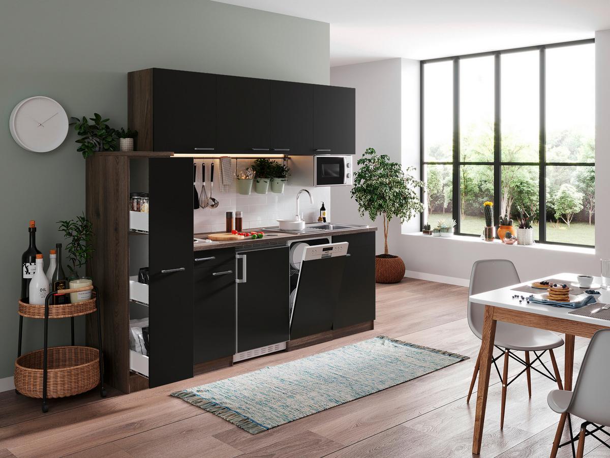 Küchenblock Oliver Singleküche 225 cm - Eichefarben/Schwarz, Basics, Holzwerkstoff (225cm) - Respekta
