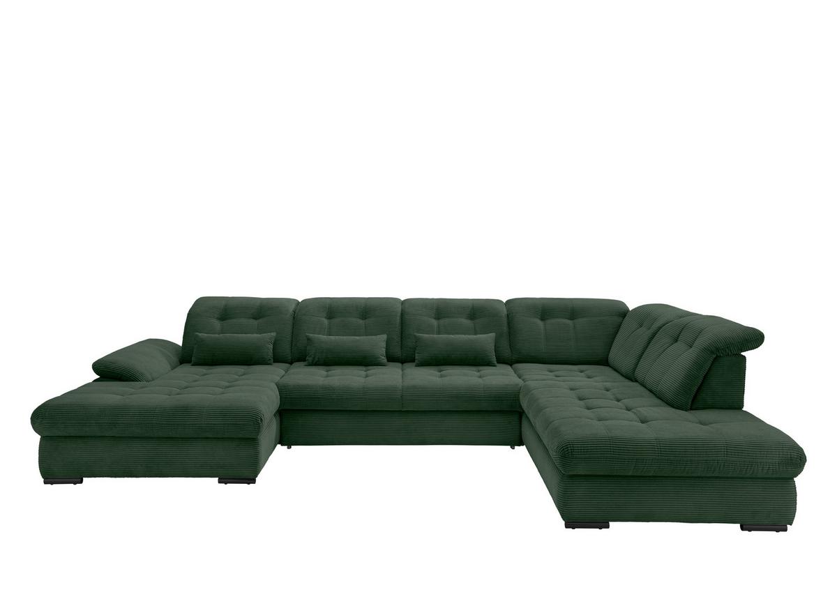 Wohnlandschaft mit Bettkasten Rigatti Dunkelgrün B: 387 cm - Dunkelgrün/Schwarz, MODERN, Textil (184/387/252cm) - Livetastic