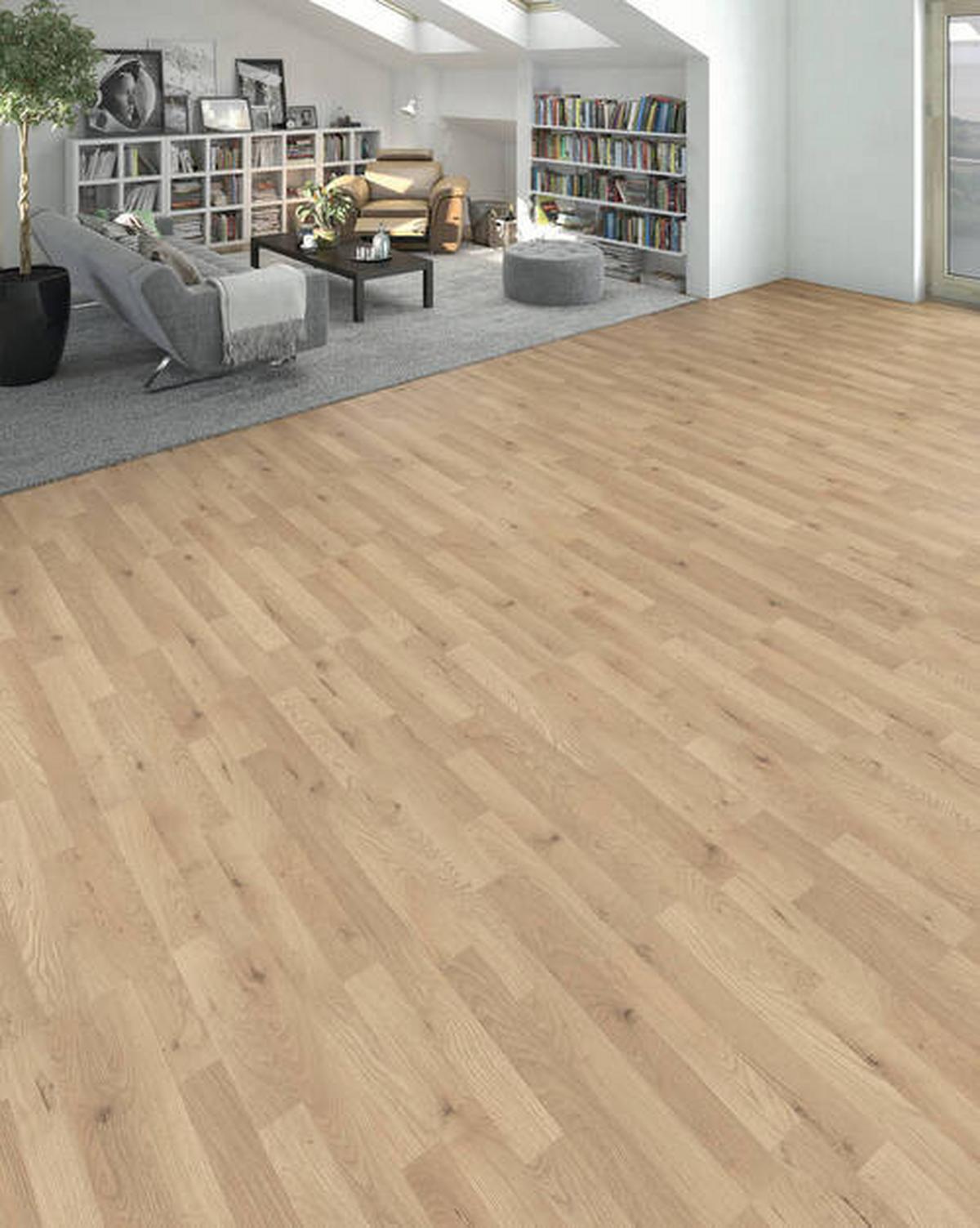 Laminatboden 3-Stab Steineiche Str. Matt - Hellbraun, Basics, Holzwerkstoff (19.3/128.2cm) - Living by HARO