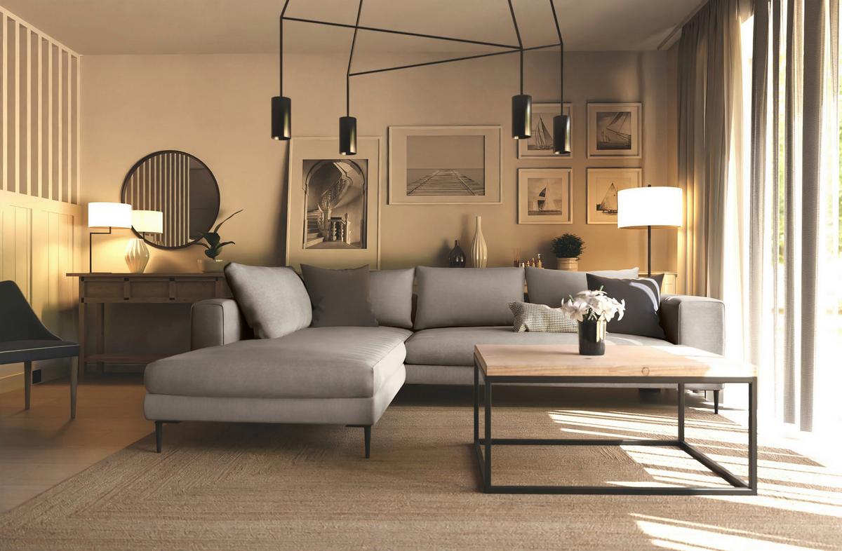 Ecksofa Aurora II - Taupe/Schwarz, MODERN, Textil (210/295cm) - Trendmanufaktur