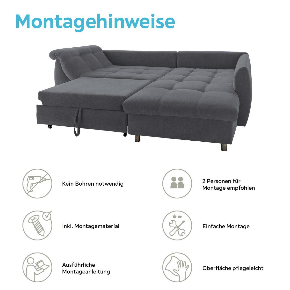 Ecksofa mit Schlaffunktion Agira Anthrazit/Blau 250x190cm - Blau/Chromfarben, Design, Textil (250/190cm) - Livetastic