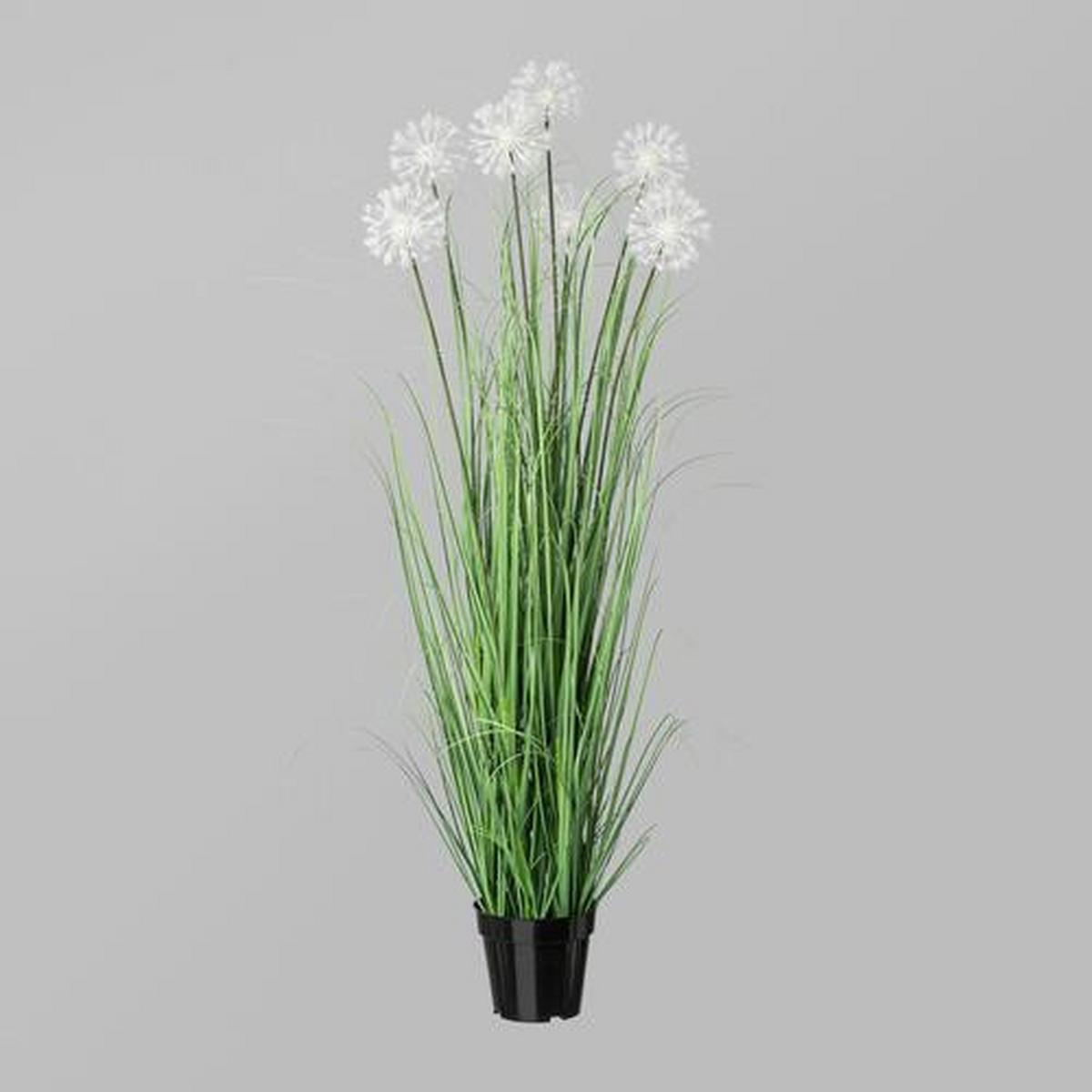 Kunstpflanze Gras mit Weiße Blüten H: 128 cm mit Topf - Schwarz/Weiß, MODERN, Kunststoff (128cm) - P & B